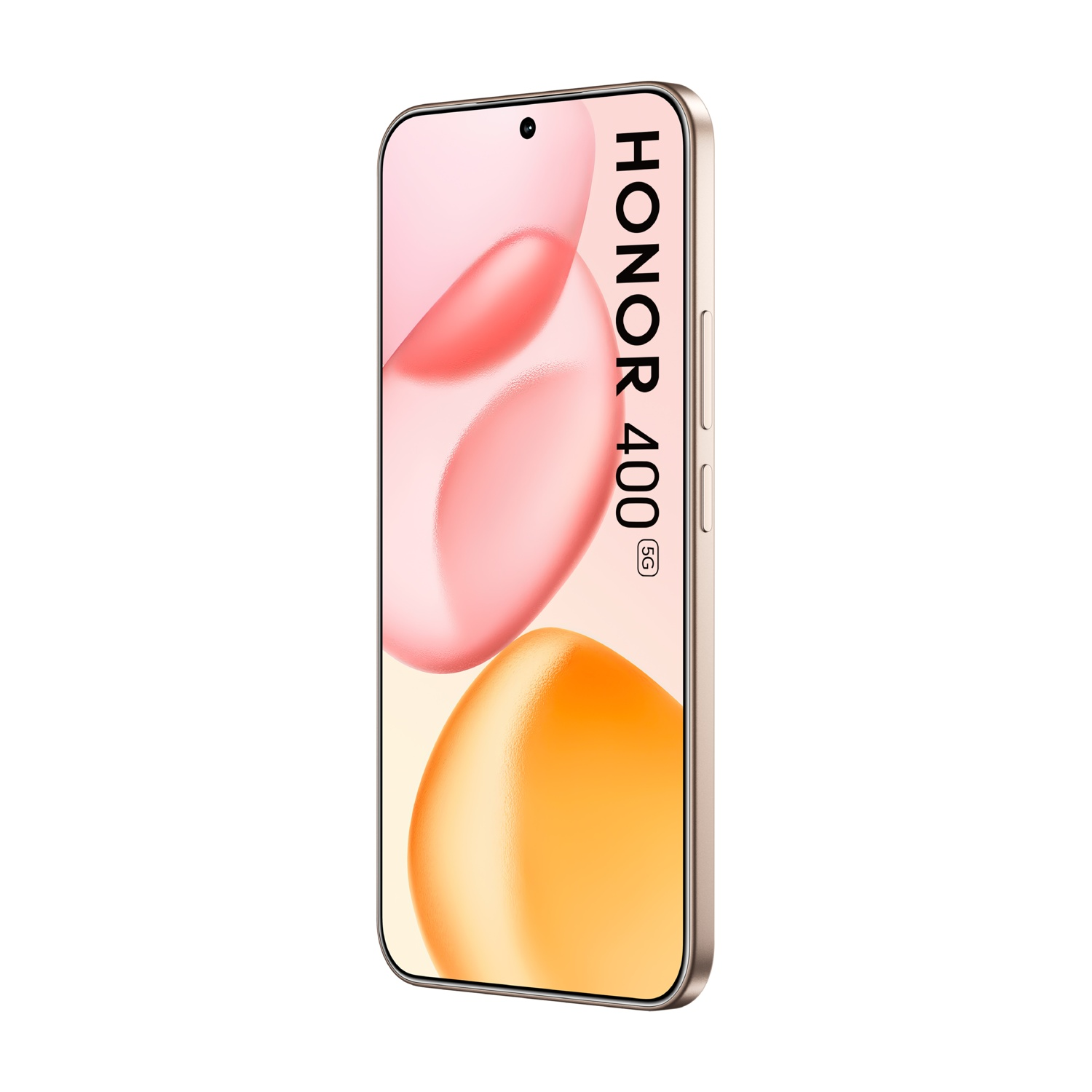 Viene mostrato uno smartphone Honor 400 5G dorato. Lo schermo mostra forme astratte rosa e arancioni. Il telefono è su sfondo bianco.