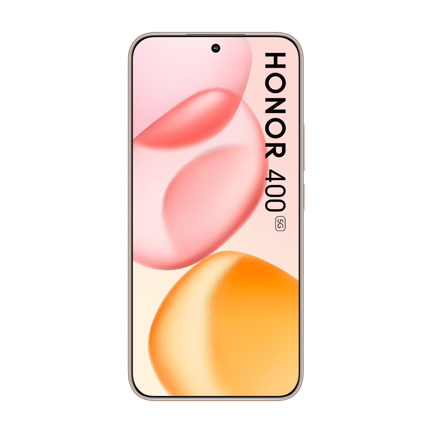 Uno smartphone con schermo curvo mostra forme astratte rosa e arancioni. Il telefono è etichettato HONOR 400 5G.