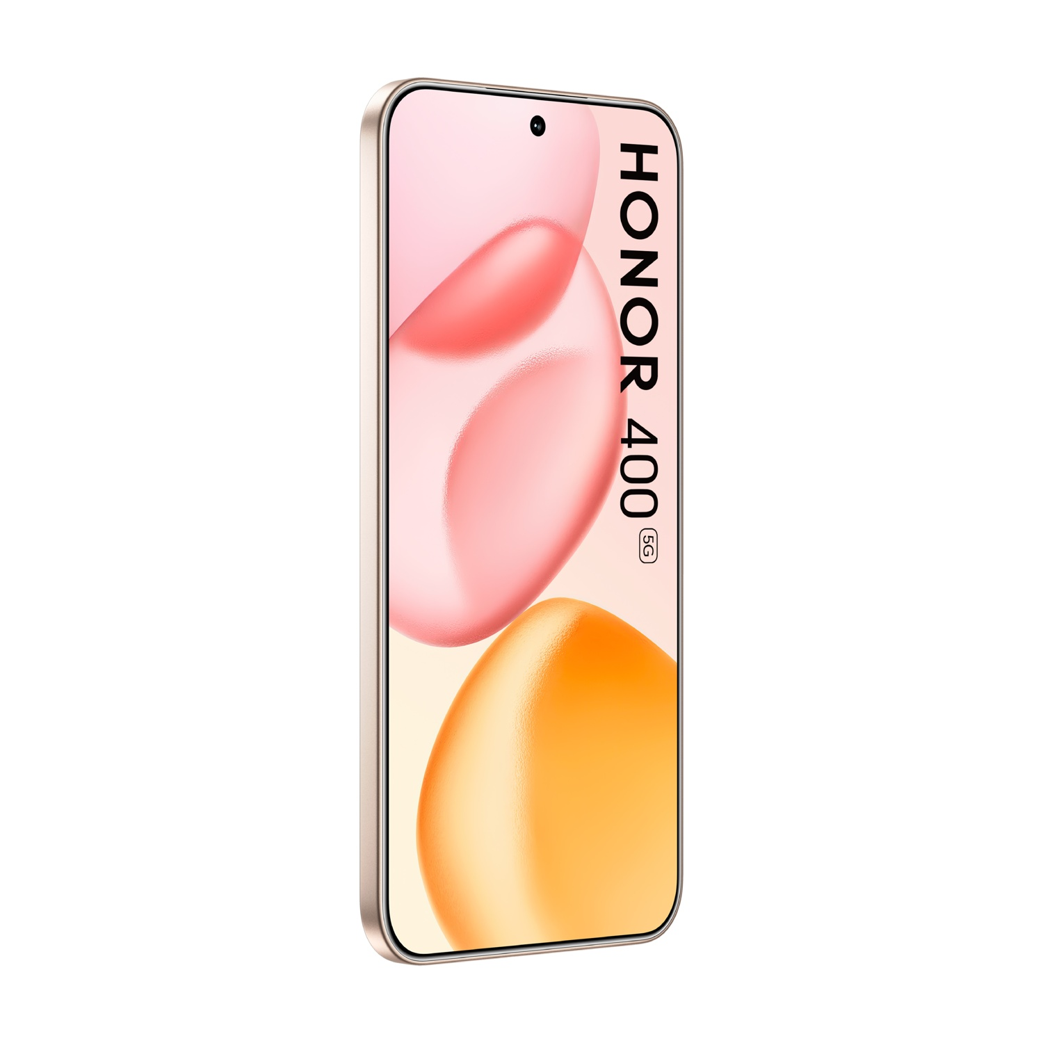 Viene visualizzato il telefono Honor 400 5G. Lo schermo ha una sfumatura di rosa e arancione. Il telefono ha una cornice dorata.
