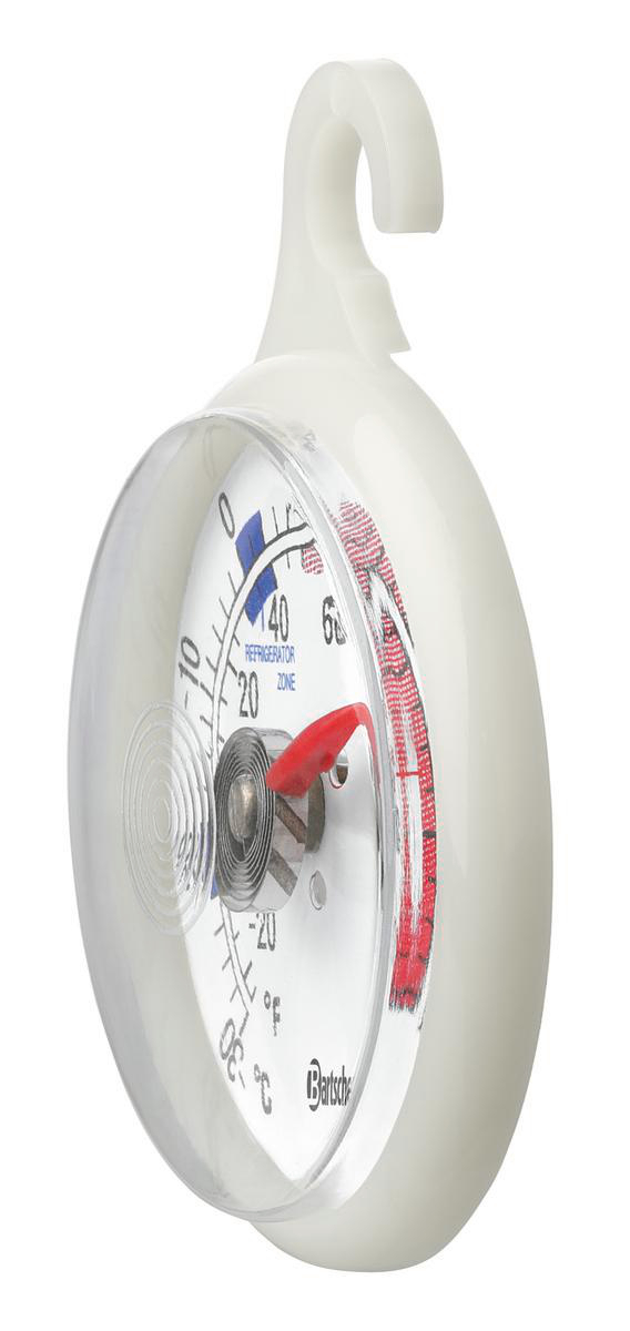 Ein weißes Kühlschrankthermometer mit roter Nadel. Es hat eine transparente Kunststoffabdeckung und einen Haken zum Aufhängen.