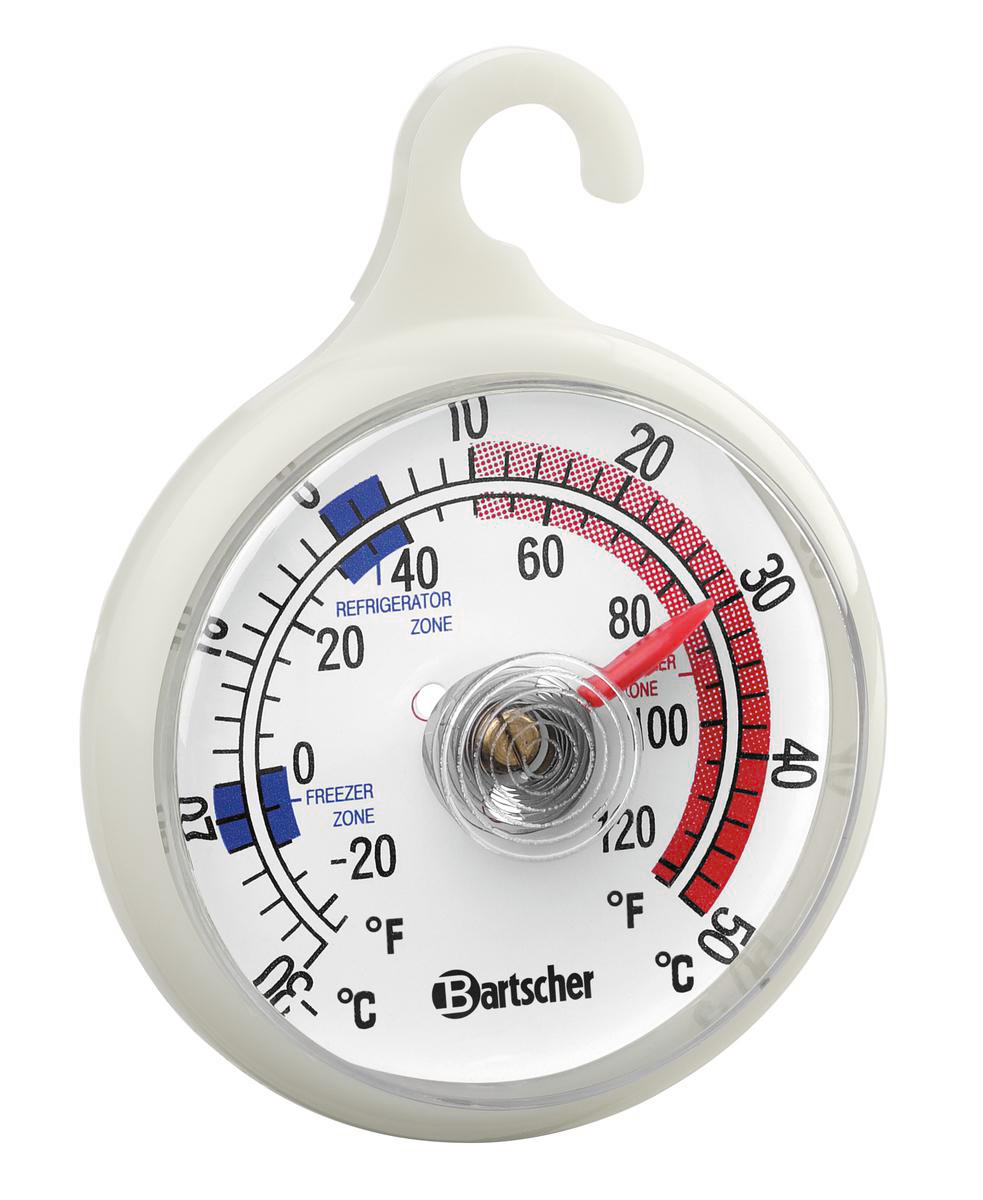 Weißes Kühlschrankthermometer mit roter Nadel, die auf 80 Grad zeigt. Es hat eine Celsius- und Fahrenheit-Skala.