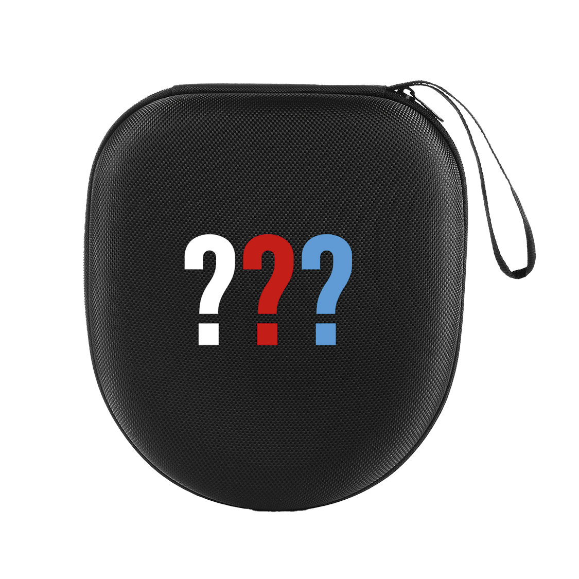 Ein schwarzes Etui mit drei Fragezeichen in Weiß, Rot und Blau. Oben rechts ist ein schwarzer Griff.