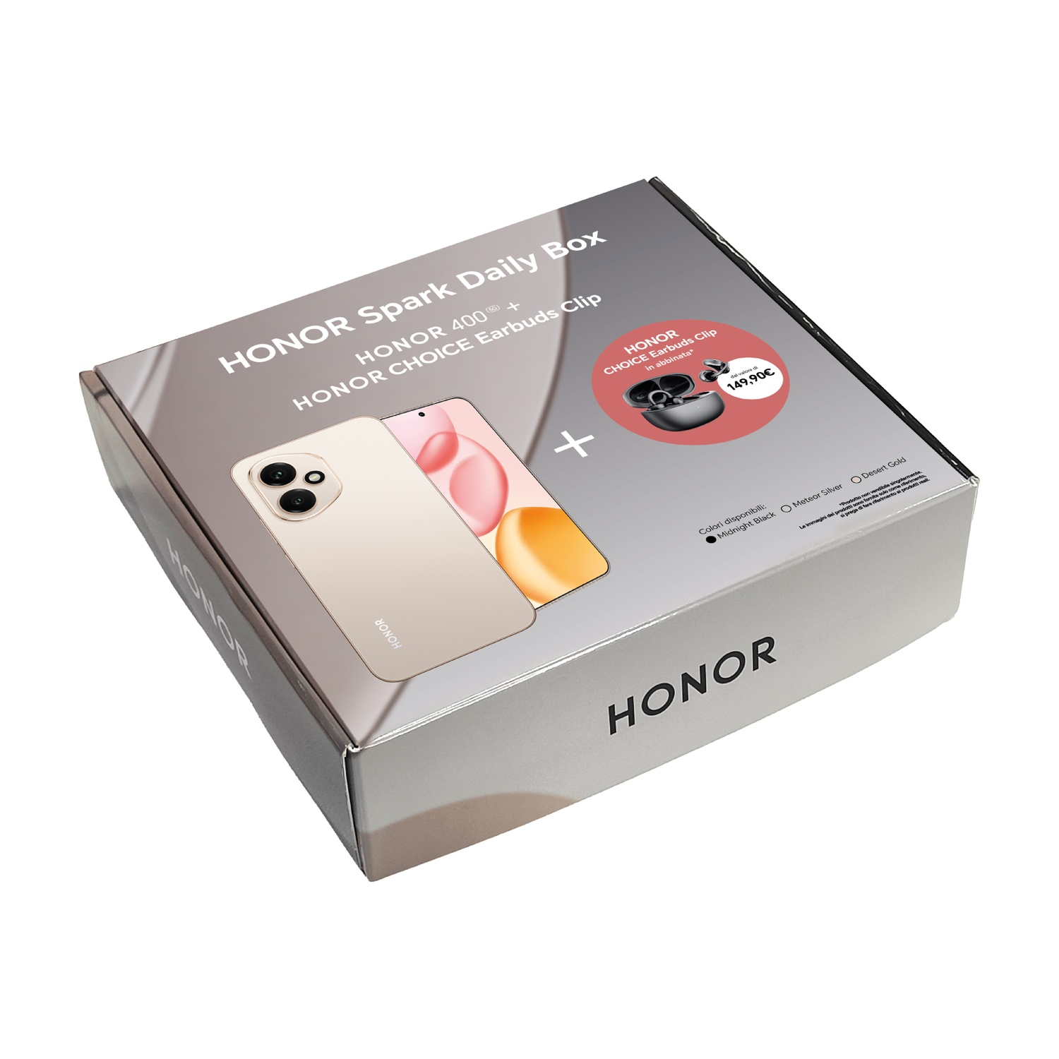 Scatola con prodotti HONOR. Telefono e auricolari sono esposti sulla scatola. La scatola presenta il logo e il testo HONOR.
