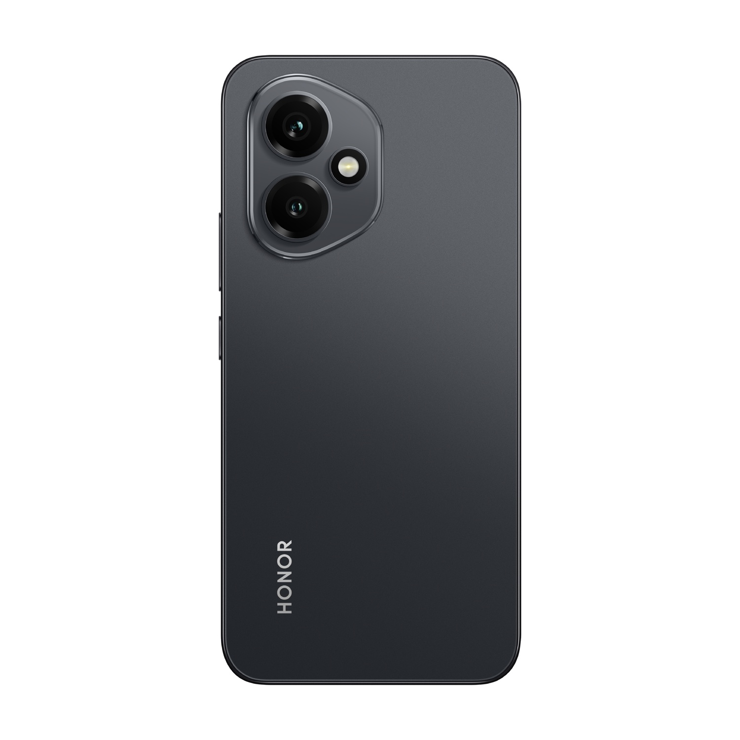 Retro di un telefono Honor grigio scuro con lenti della fotocamera e il marchio 'HONOR' in basso, su sfondo bianco.