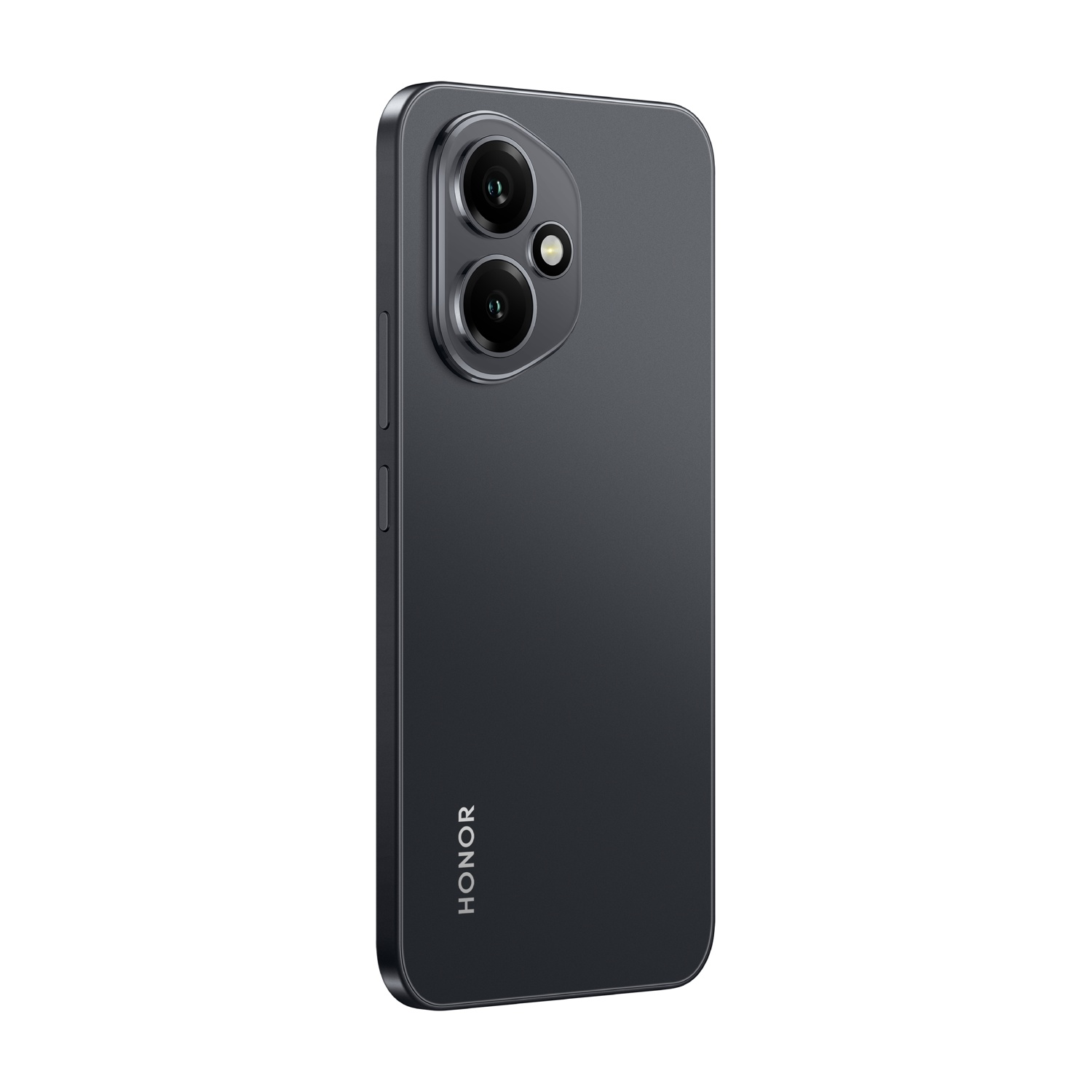 Smartphone grigio scuro, retro con due fotocamere in alto. Logo Honor verticale in basso.