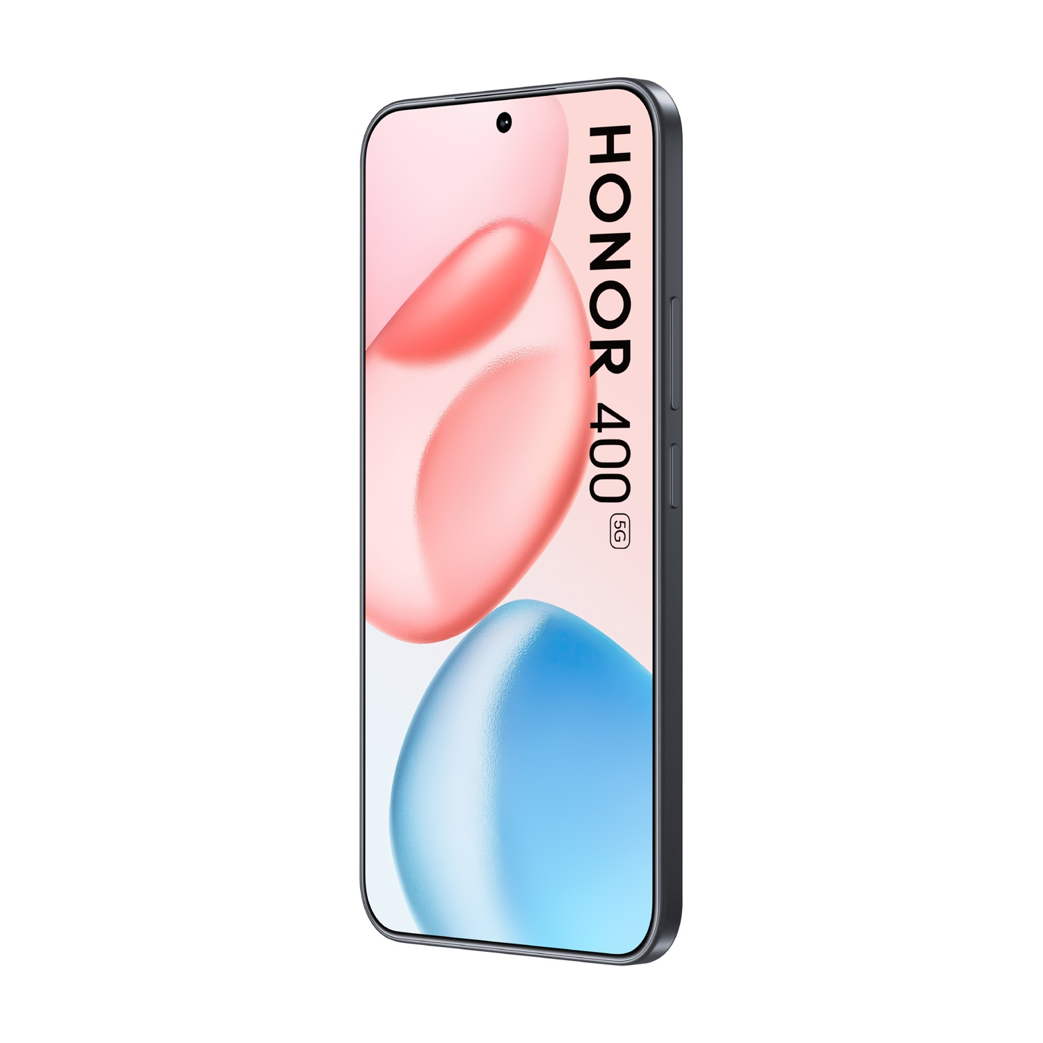 Uno smartphone Honor 400 5G nero con schermo colorato che mostra sfumature rosa e blu, isolato su sfondo bianco.