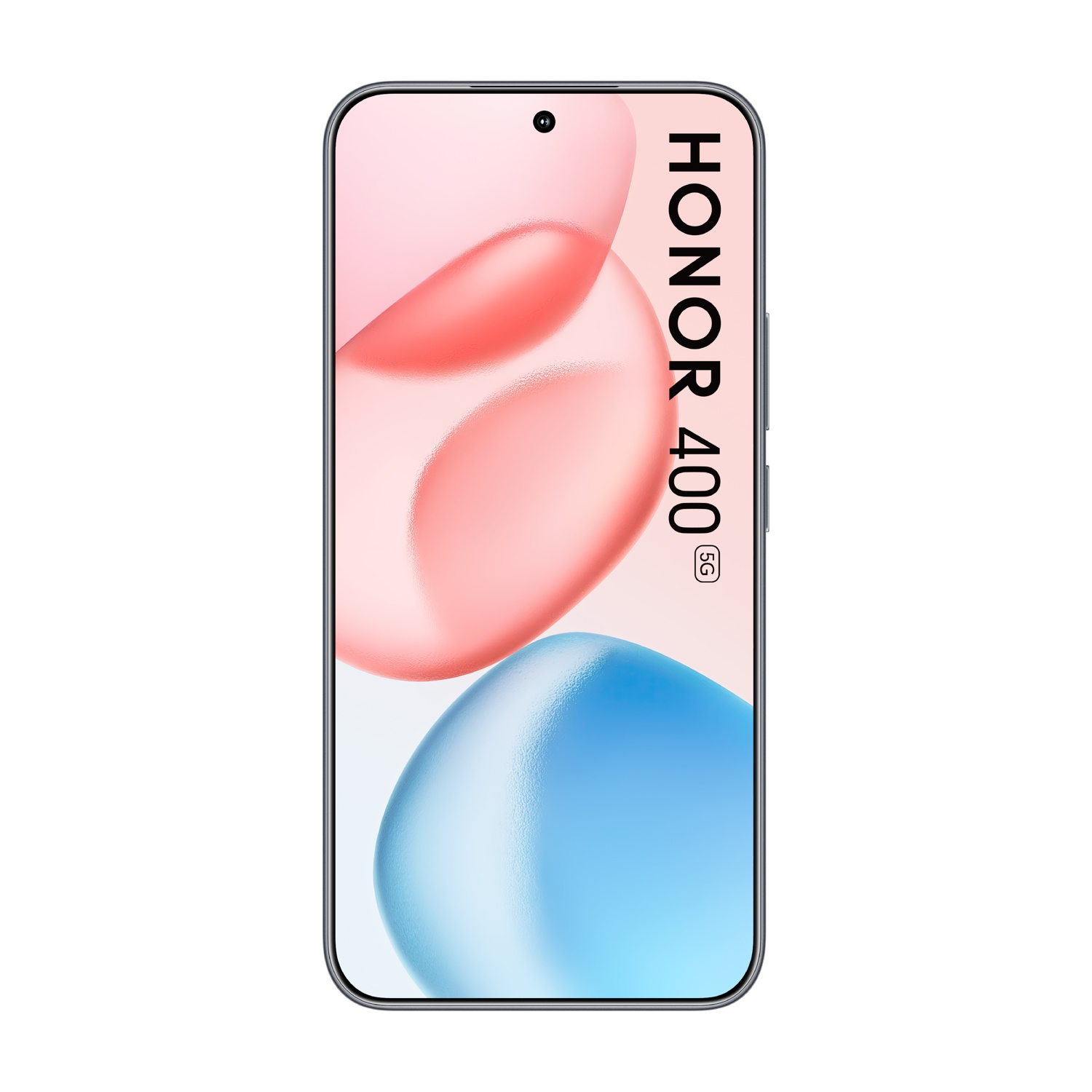Uno smartphone con schermo curvo. Il display mostra forme astratte rosa e blu. Il nome del telefono è HONOR 400 5G.