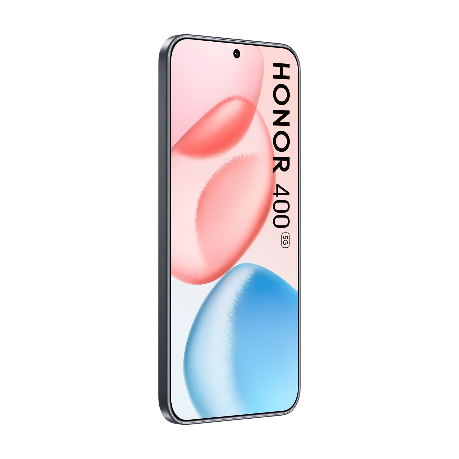 Uno smartphone con schermo curvo mostra forme astratte rosa e blu. Il telefono è etichettato 'HONOR 400 5G'.