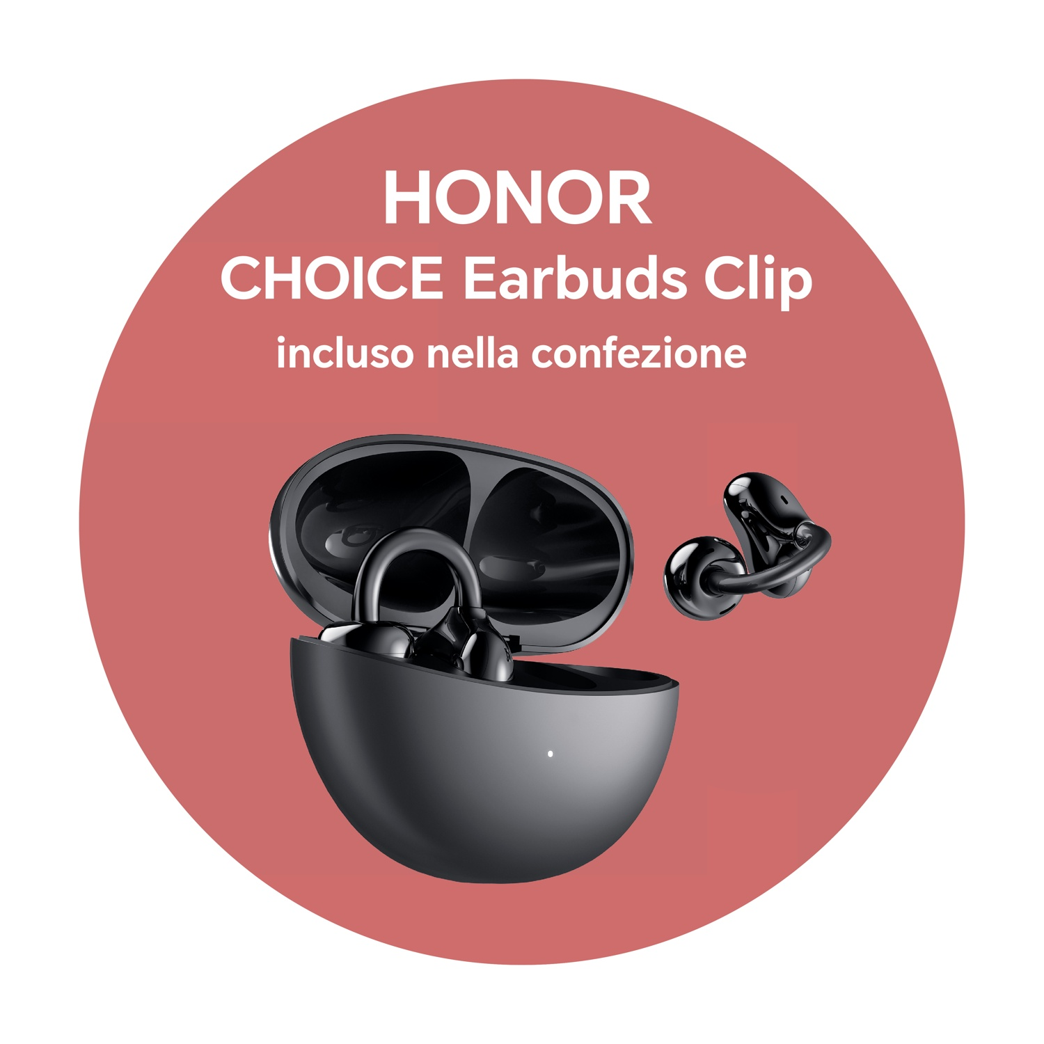 Auricolari Honor Choice Clip neri con custodia aperta e un singolo auricolare su sfondo circolare rosso. Dettagli.