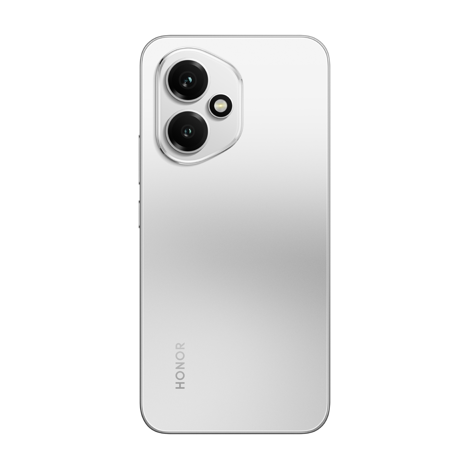 Vista posteriore di uno smartphone HONOR bianco. Presenta una fotocamera a tripla lente, un design elegante e il logo HONOR.