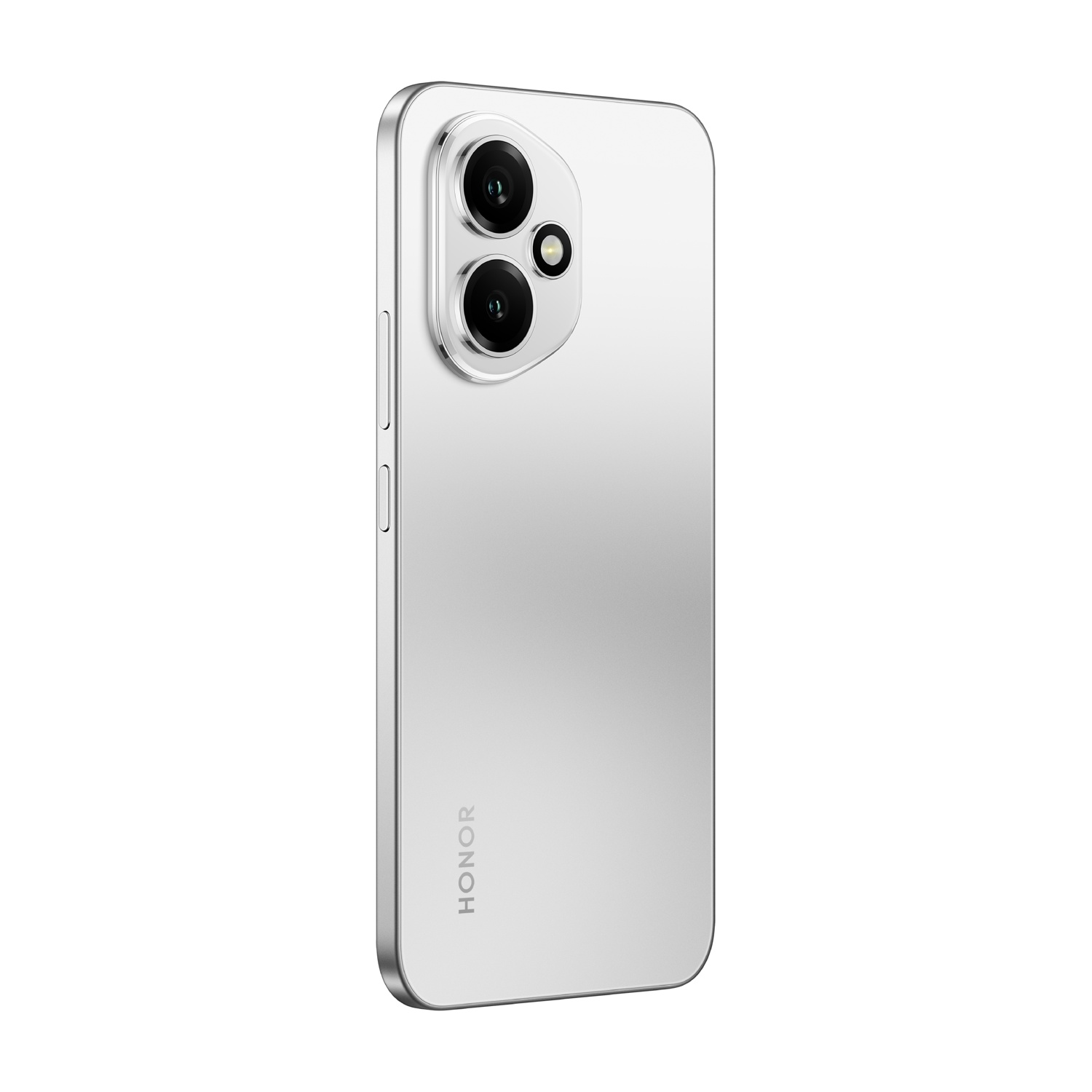 Uno smartphone HONOR argentato è mostrato angolato, mostrando le lenti della fotocamera e il marchio HONOR sul retro.