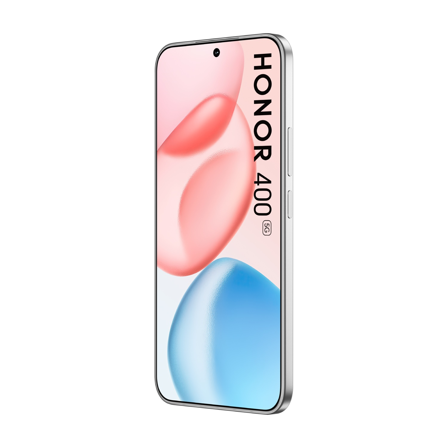 Uno smartphone argento Honor 400 5G. Lo schermo mostra forme astratte rosa e blu con il logo Honor.