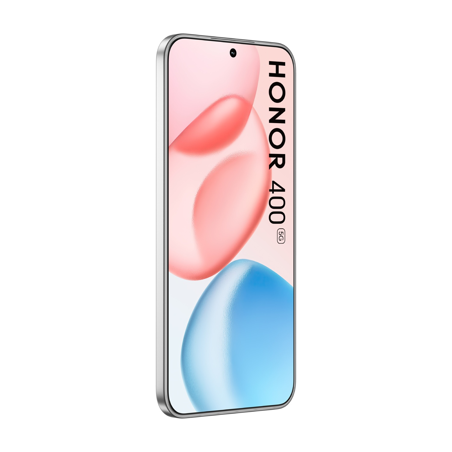 Uno smartphone argentato, HONOR 400 5G, mostra un design astratto rosa, rosso e blu. Il telefono è angolato, mostrando lo schermo.