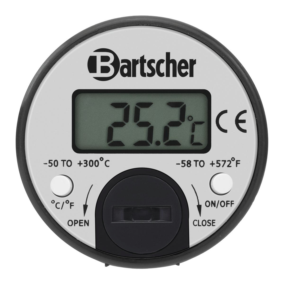 Ein kreisförmiges Bartscher-Thermometer, das 25,2 °C anzeigt. Es hat einen Ein/Aus-Schalter und eine Temperaturskala.