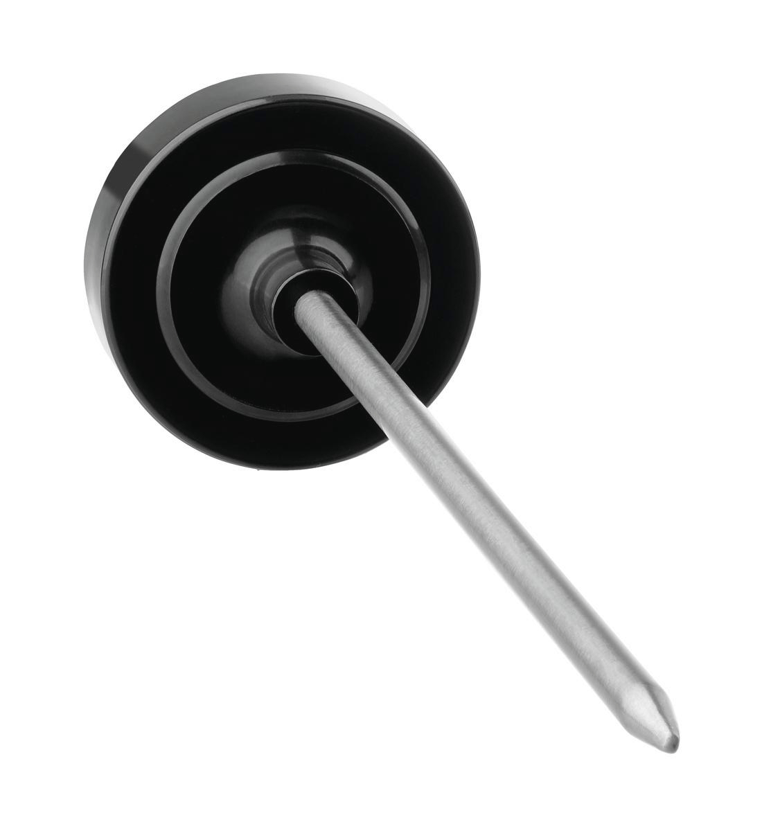 Ein schwarzes Kunststoffobjekt mit einer silbernen Metallstange, die sich davon erstreckt, der Hintergrund ist weiß.