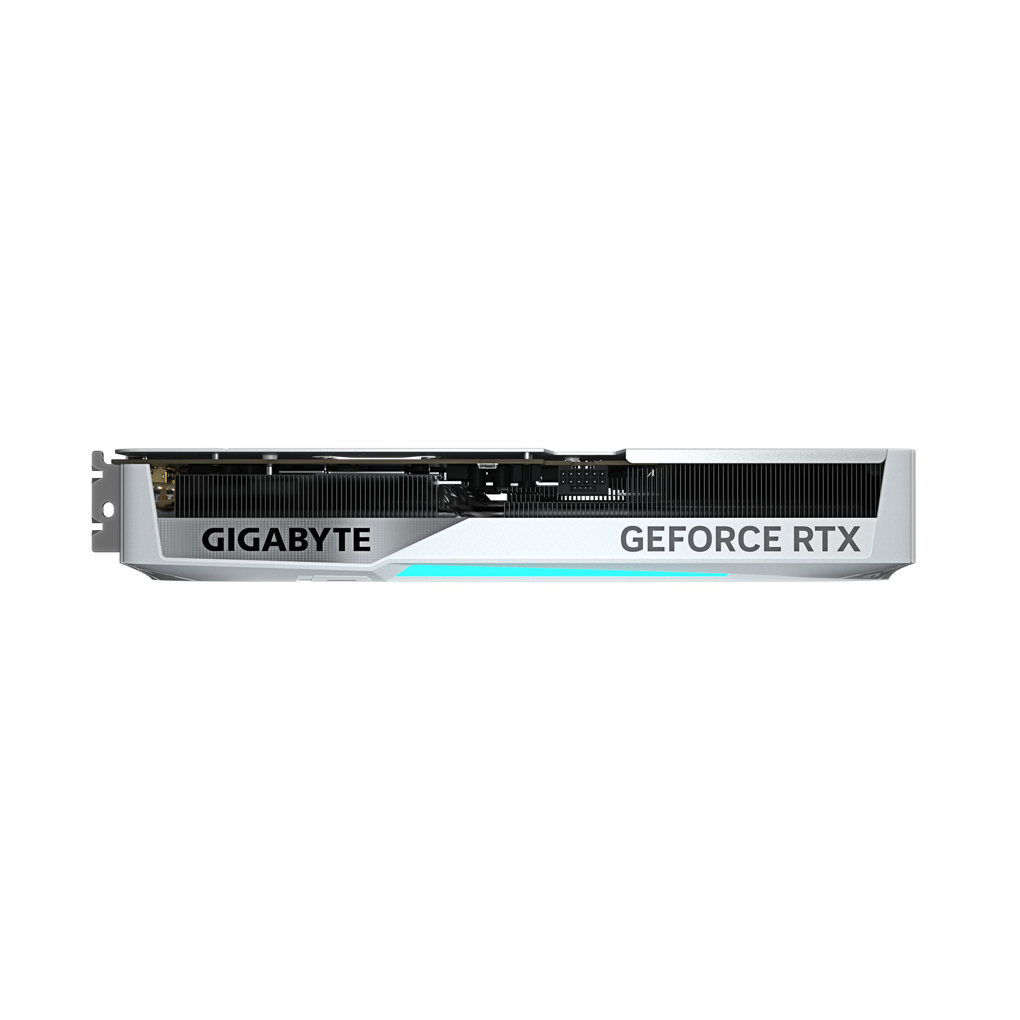 Eine weiße und silberne GIGABYTE GeForce RTX Grafikkarte. Die Karte hat ein schwarzes Kühlelement und blaues Licht.