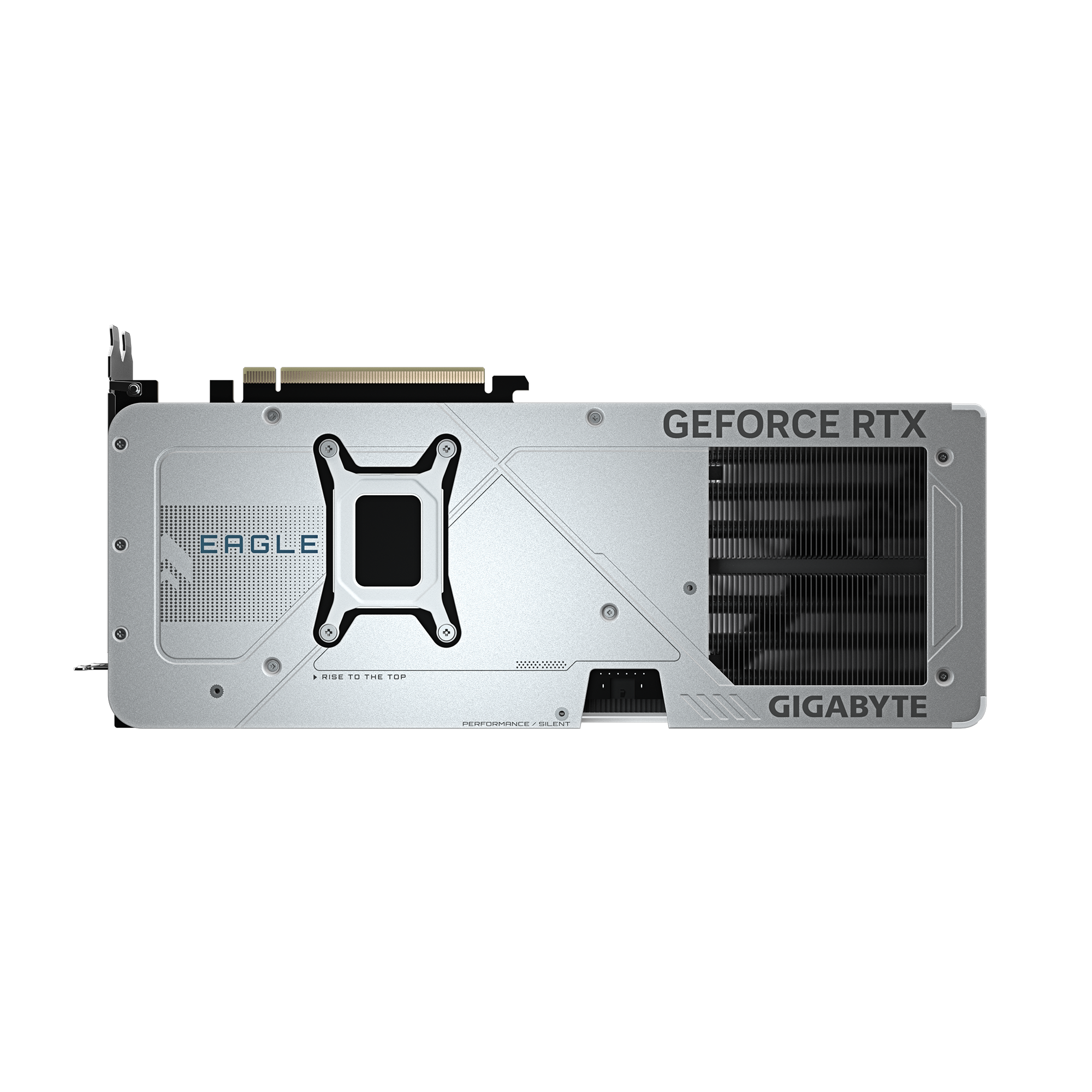 Silberne GeForce RTX Gigabyte Grafikkarte. Hat ein schwarzes Quadrat, Lüftungsschlitze und den Text 'EAGLE', 'RISE TO THE TOP' und 'GIGABYTE'.