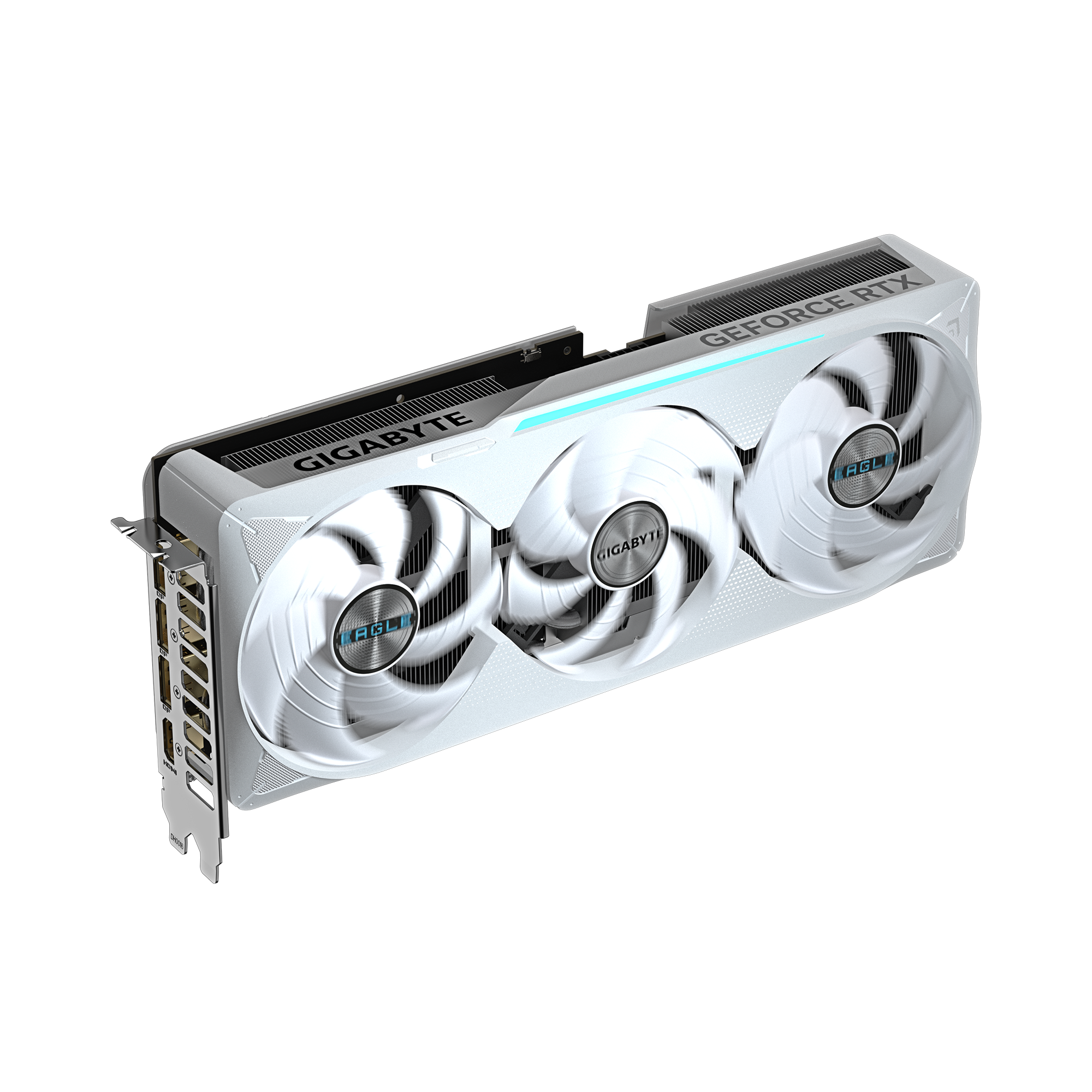 Eine weiße und silberne GIGABYTE GeForce RTX-Grafikkarte mit drei Lüftern. Der Hintergrund ist ein dunkler Grauton.