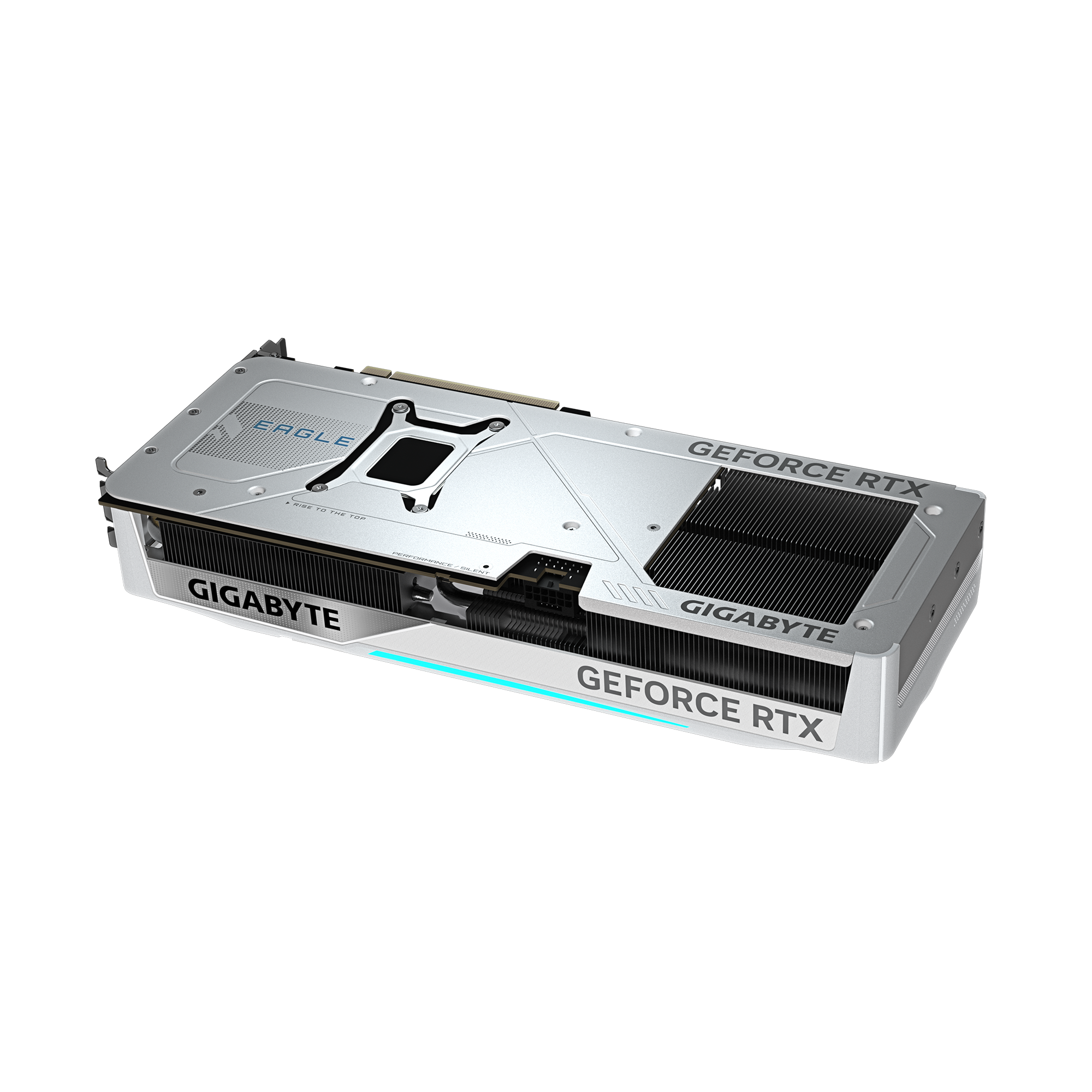 Eine silberne und schwarze Gigabyte GeForce RTX Grafikkarte. Die Karte hat einen Lüfter und die Wörter "GIGABYTE" und "GEFORCE RTX" sind sichtbar.