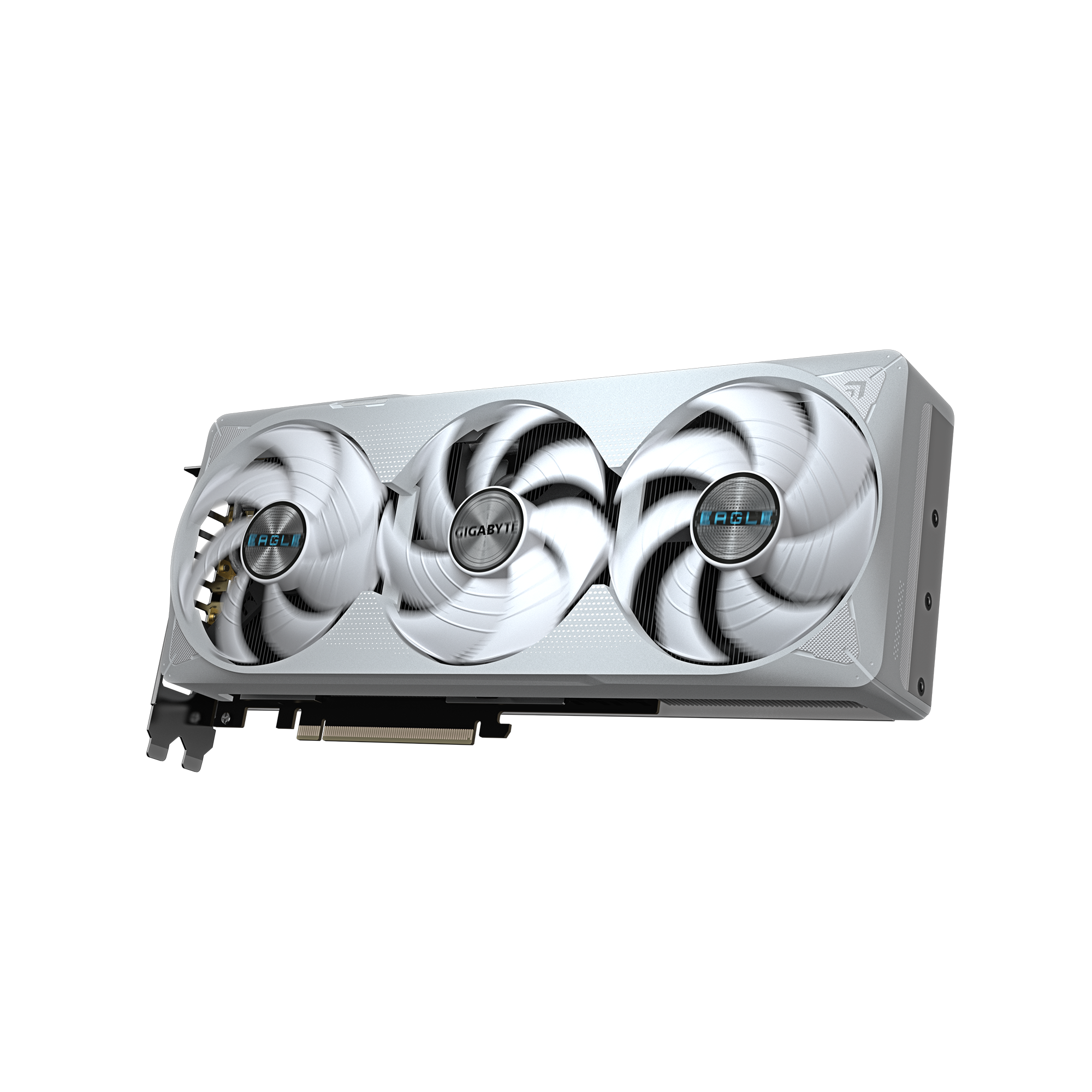 Eine Computergrafikkarte mit drei Lüftern. Die Lüfter sind weiß und die Karte ist silber und schwarz.
