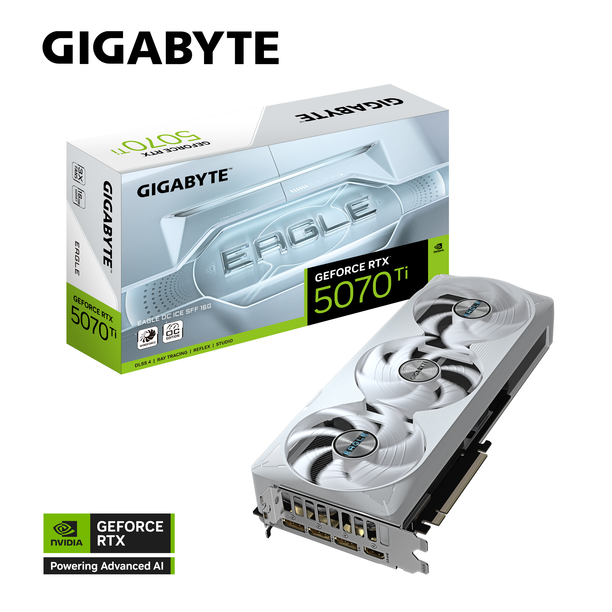 Eine Gigabyte GeForce RTX 5070 Ti Grafikkarte mit weißen Lüftern steht neben ihrer Box mit grünen Akzenten.