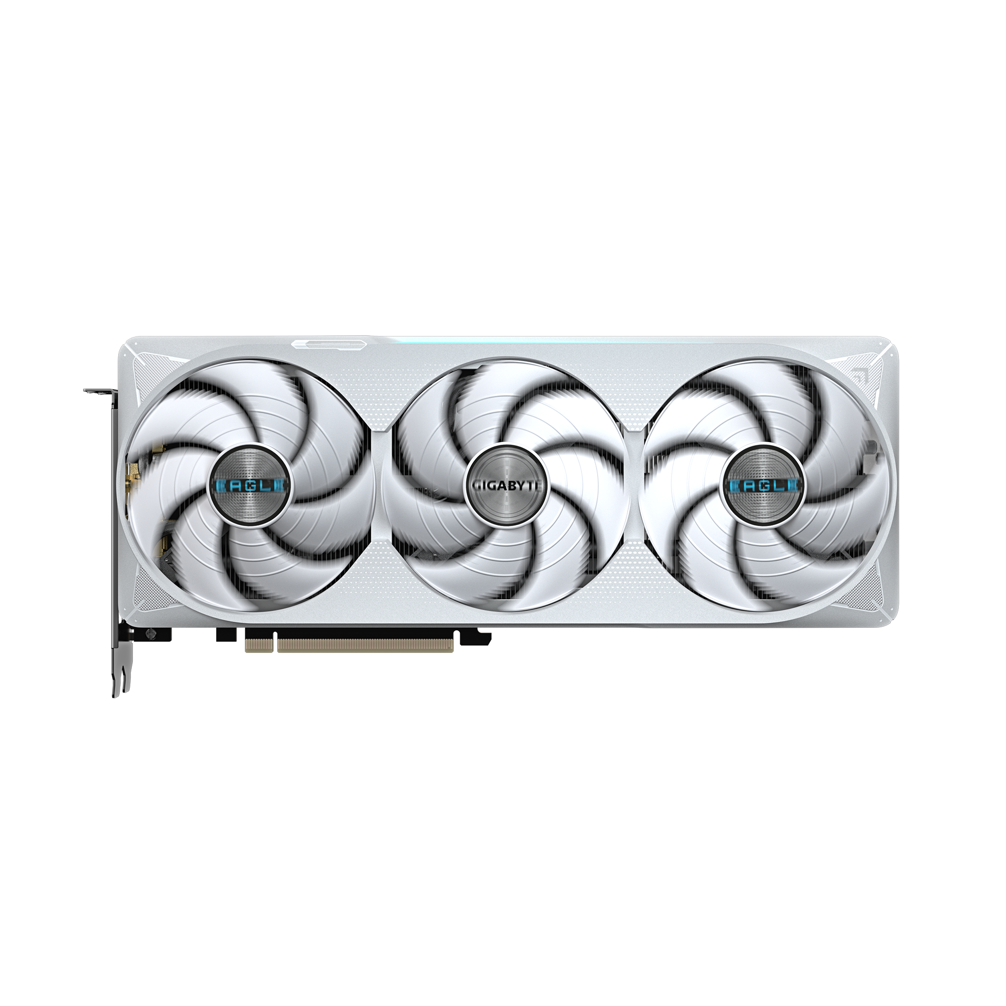 Eine weiße Grafikkarte mit drei Lüftern. Die Lüfter haben das 'GIGABYTE' und 'EAGLE' Logo.