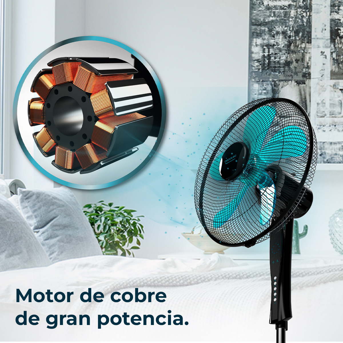 Imagen de un ventilador negro con aspas azules. Un motor de cobre se muestra en un círculo. Texto: 'Motor de cobre de alta potencia'.