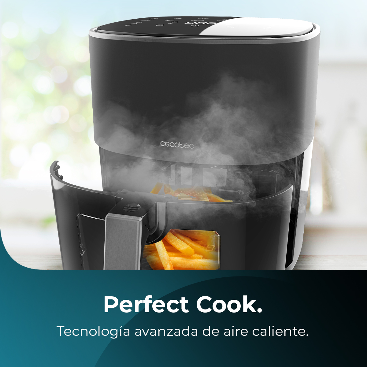 Freidora de aire negra con patatas fritas dentro. Sale vapor. Texto: 'Perfect Cook'. Tecnología avanzada de aire caliente.