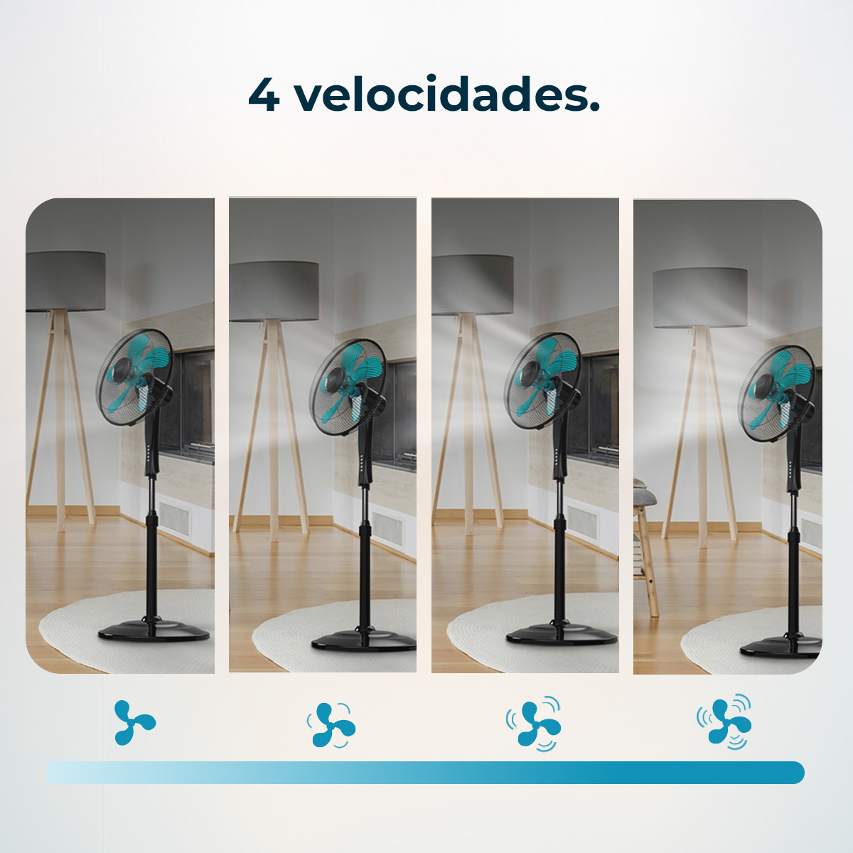 La imagen muestra un ventilador negro con cuatro configuraciones de velocidad. El ventilador está en una habitación con una lámpara y una alfombra.