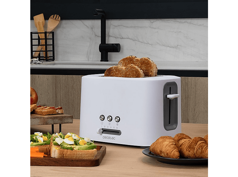 Tostadora - Cecotec Toast&Taste 9000 Double White, 980W, Ranuras extraanchas, Soporte para panecillos, 3 funciones, Blanco
