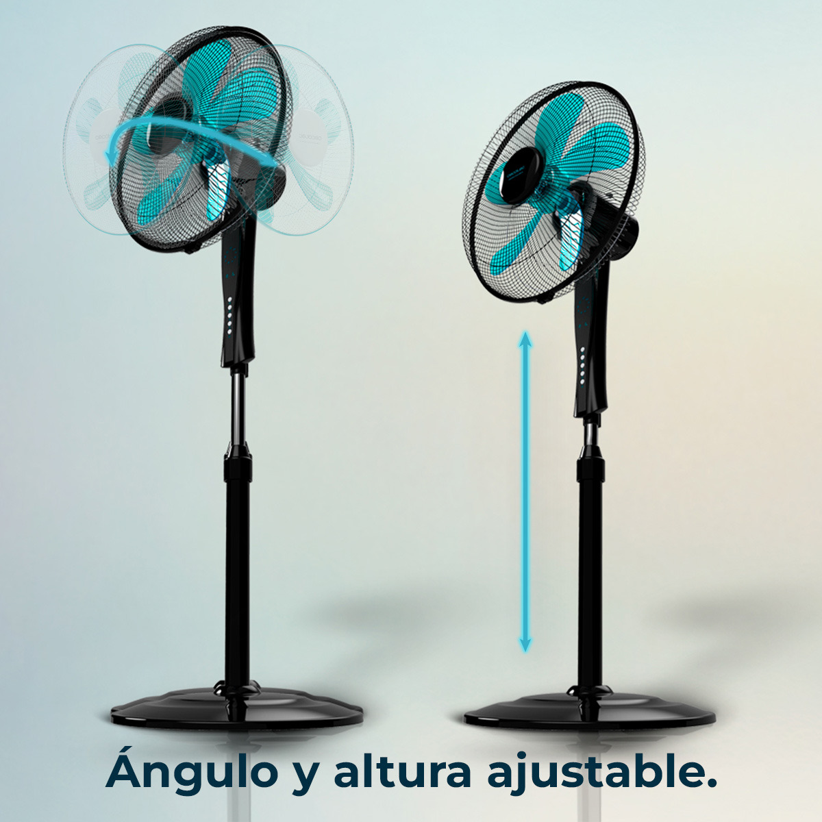 Dos ventiladores negros y turquesas. Uno muestra movimiento. El texto dice ángulo y altura ajustables.