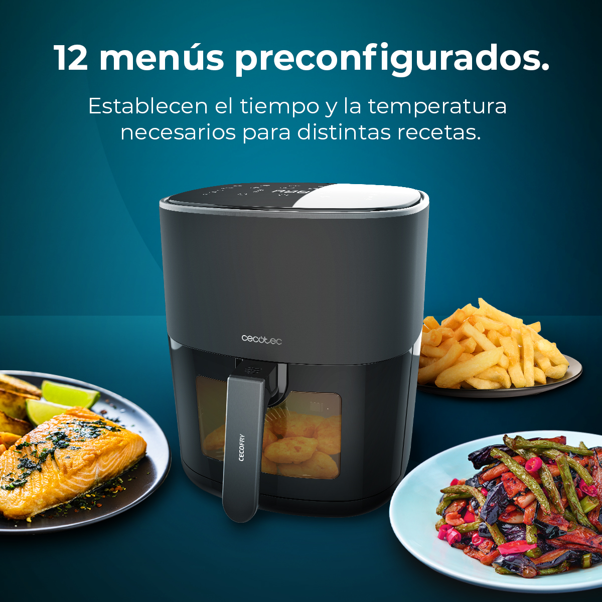 Una freidora de aire con platos de comida: salmón, papas fritas y verduras. Texto: '12 menús preconfigurados'.