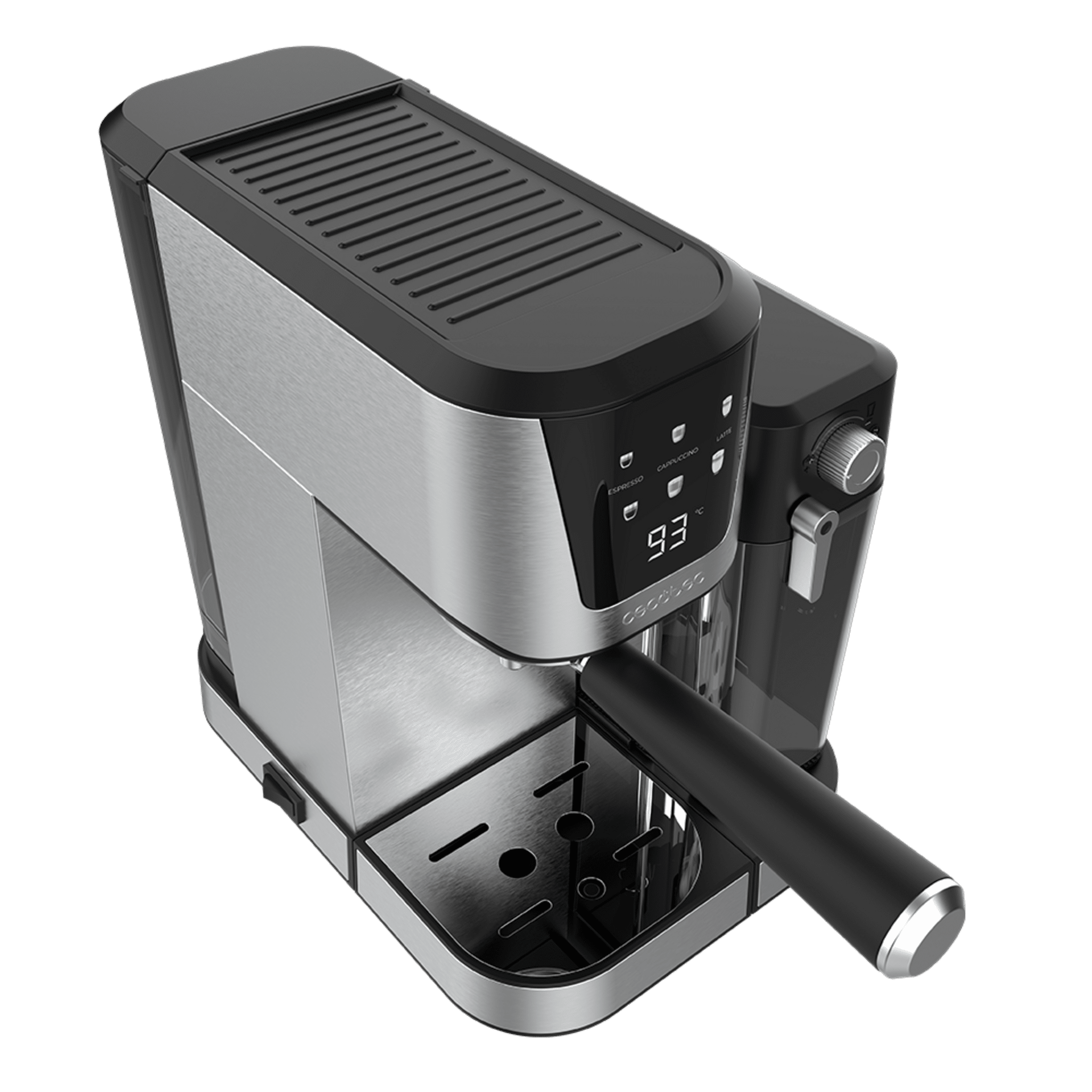 Máquina de espresso plateada y negra sobre fondo verde. Tiene una pantalla digital que muestra 93°C. Con mango y depósito de agua.