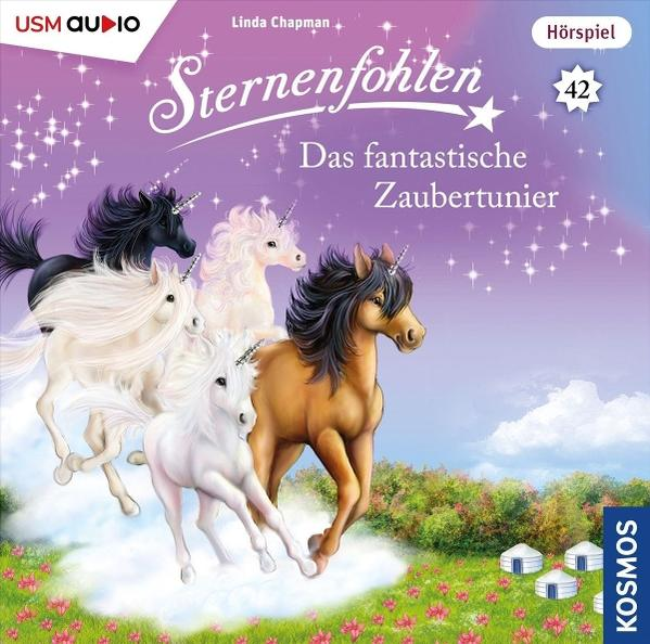 Cover von 'Sternenfohlen' mit Einhörnern auf einer Wolke und einem Feld im Hintergrund. Deutscher Text ist sichtbar.