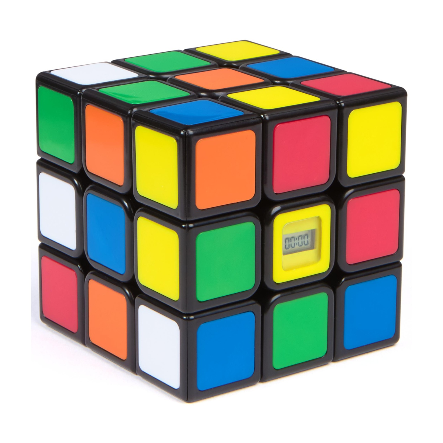 Un cubo di Rubik con quadrati colorati: bianco, verde, arancione, giallo, rosso e blu. Ha un piccolo orologio digitale.