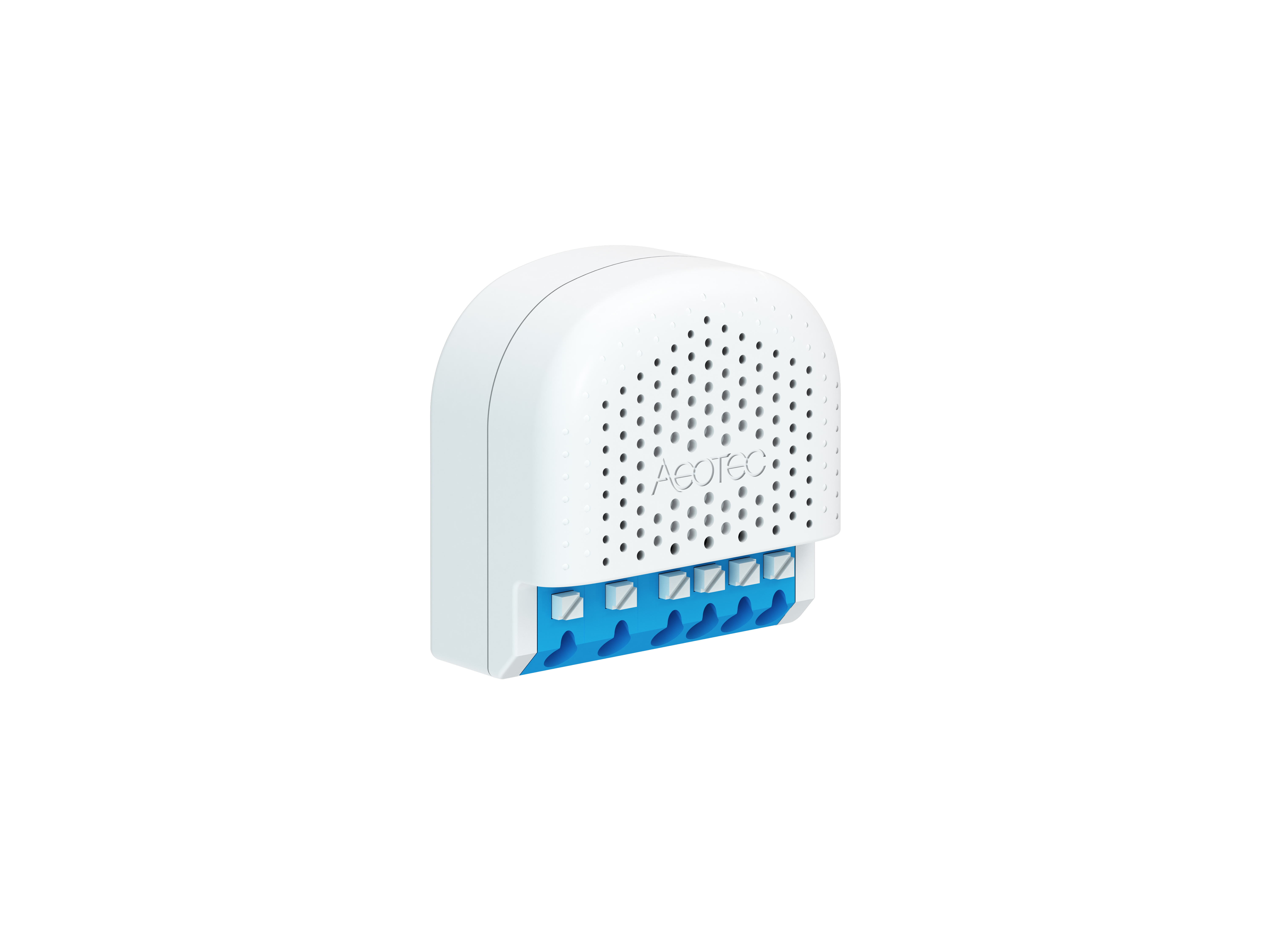 Ein weißes und blaues Smart-Home-Gerät auf weißem Hintergrund. Es hat eine perforierte Vorderseite und Klemmen unten.