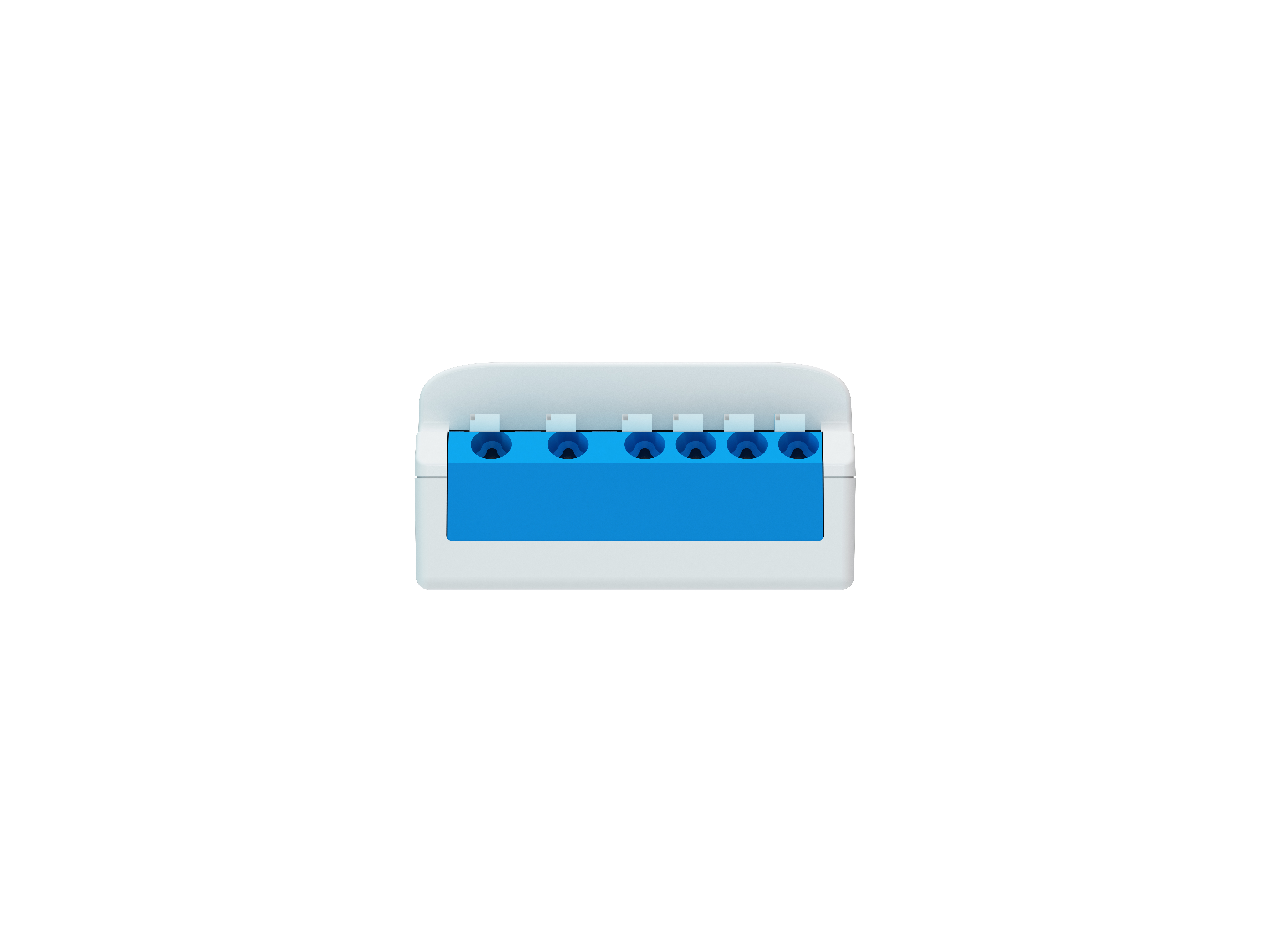 Ein weiß-blaues elektronisches Bauteil. Es hat sechs Löcher oben und einen blauen Abschnitt in der Mitte.