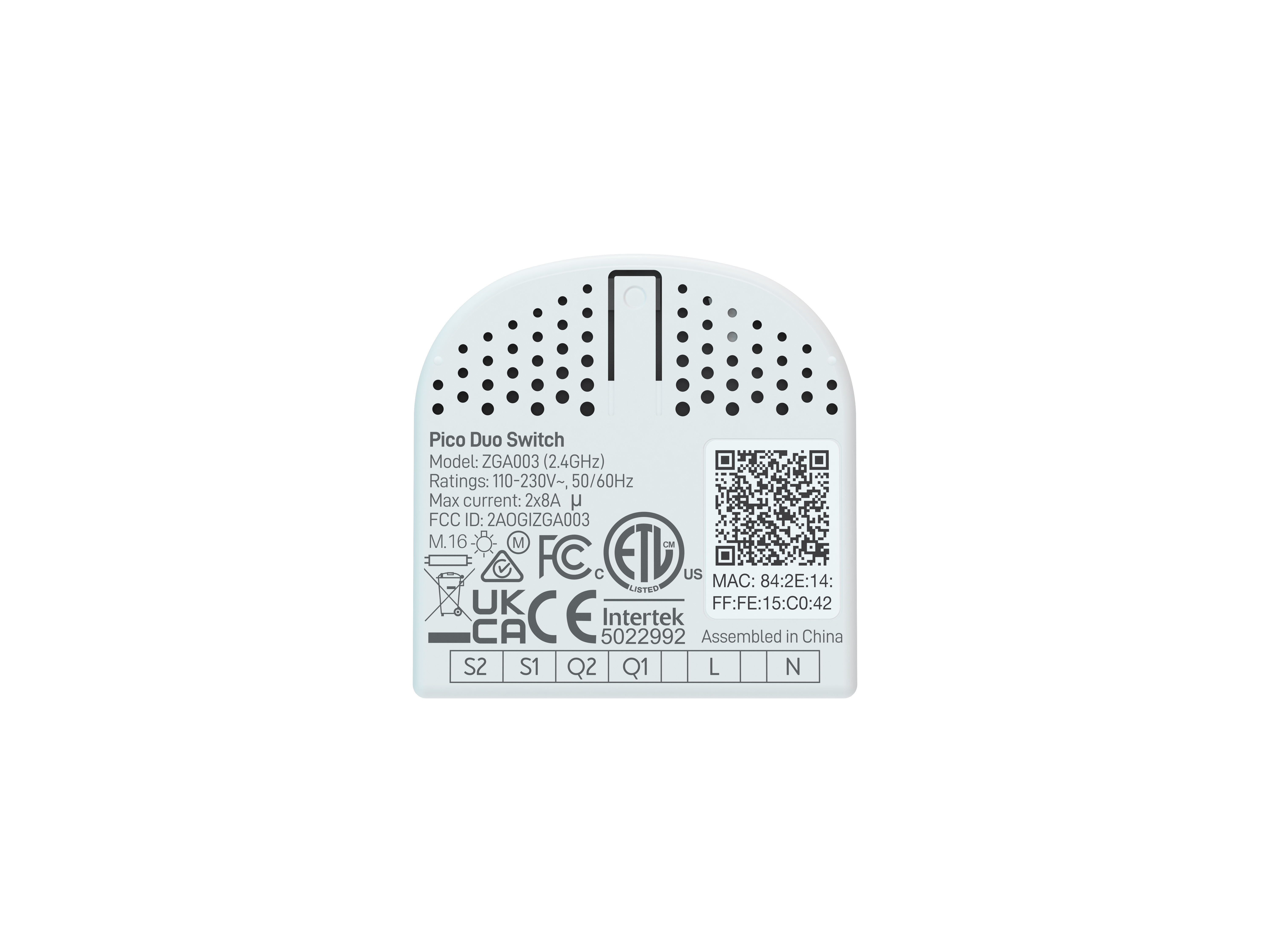 Ein weißer Pico Duo Switch mit Text und Symbolen, einschließlich Modell, Bewertungen und Zertifizierungen, auf weißem Hintergrund.