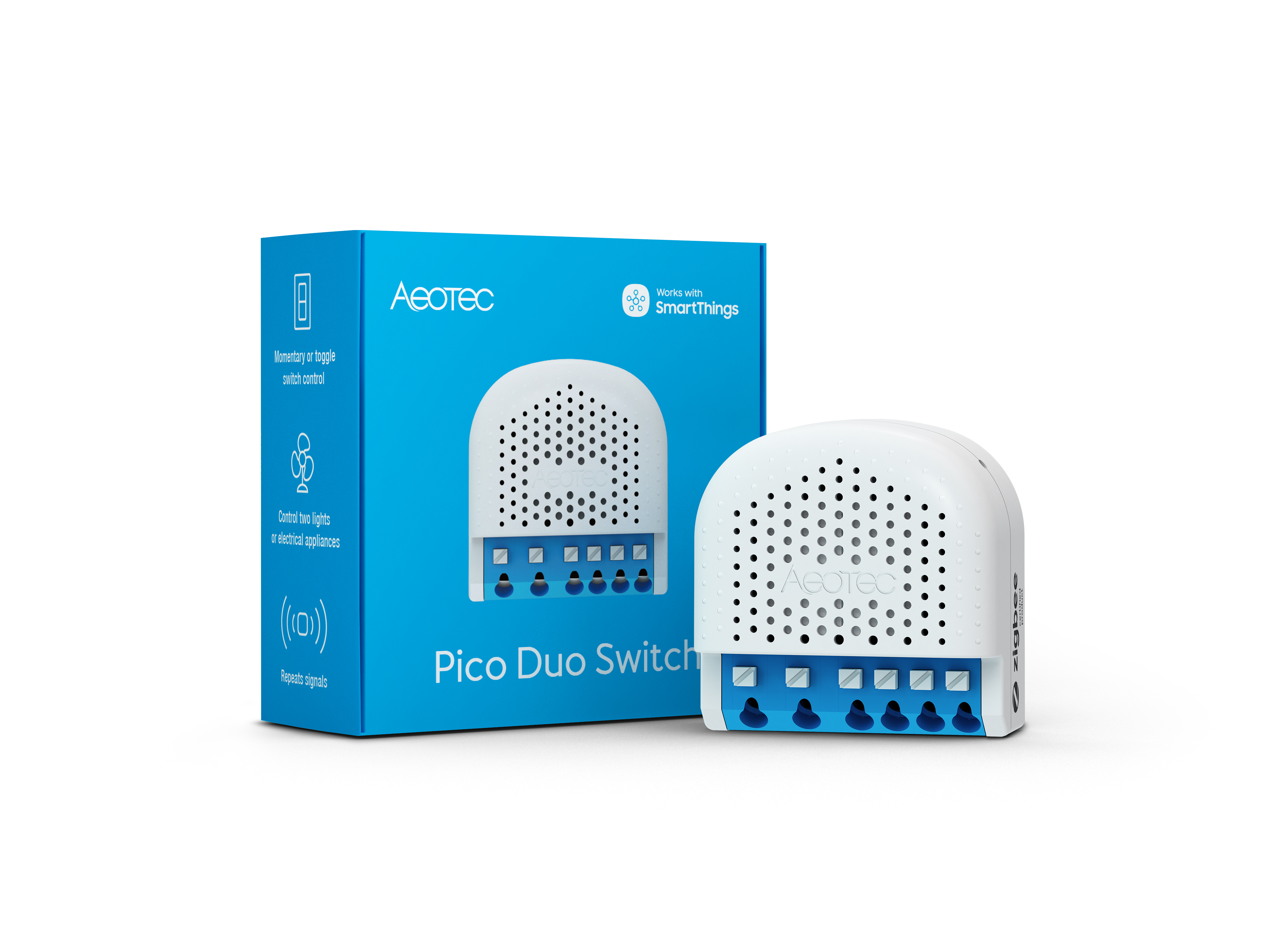 Ein weiß-blauer Pico Duo Switch von Aeotec mit seiner Box auf weißem Untergrund.