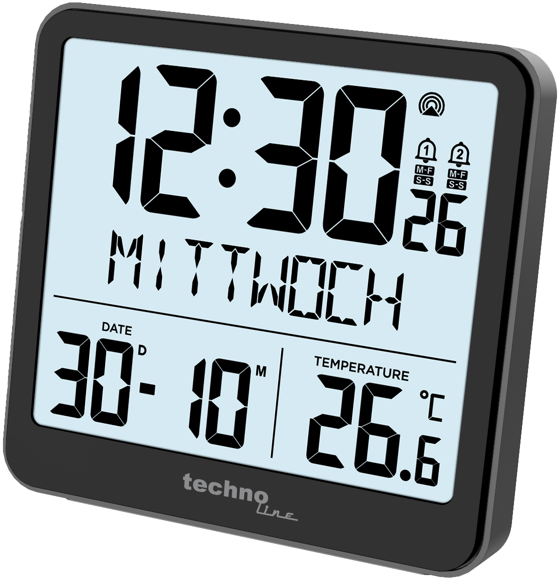 Digitaluhr mit der Uhrzeit 12:30, dem Datum 30-10 und der Temperatur 26,6°C. Das Zifferblatt ist hellblau mit schwarzem Text.