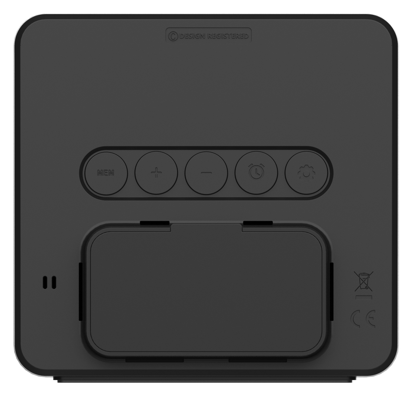 Ein schwarzes elektronisches Gerät mit Tasten und einem Batteriefach. Es ist mit Symbolen und dem Wort 'DESIGN REGISTERED' gekennzeichnet.
