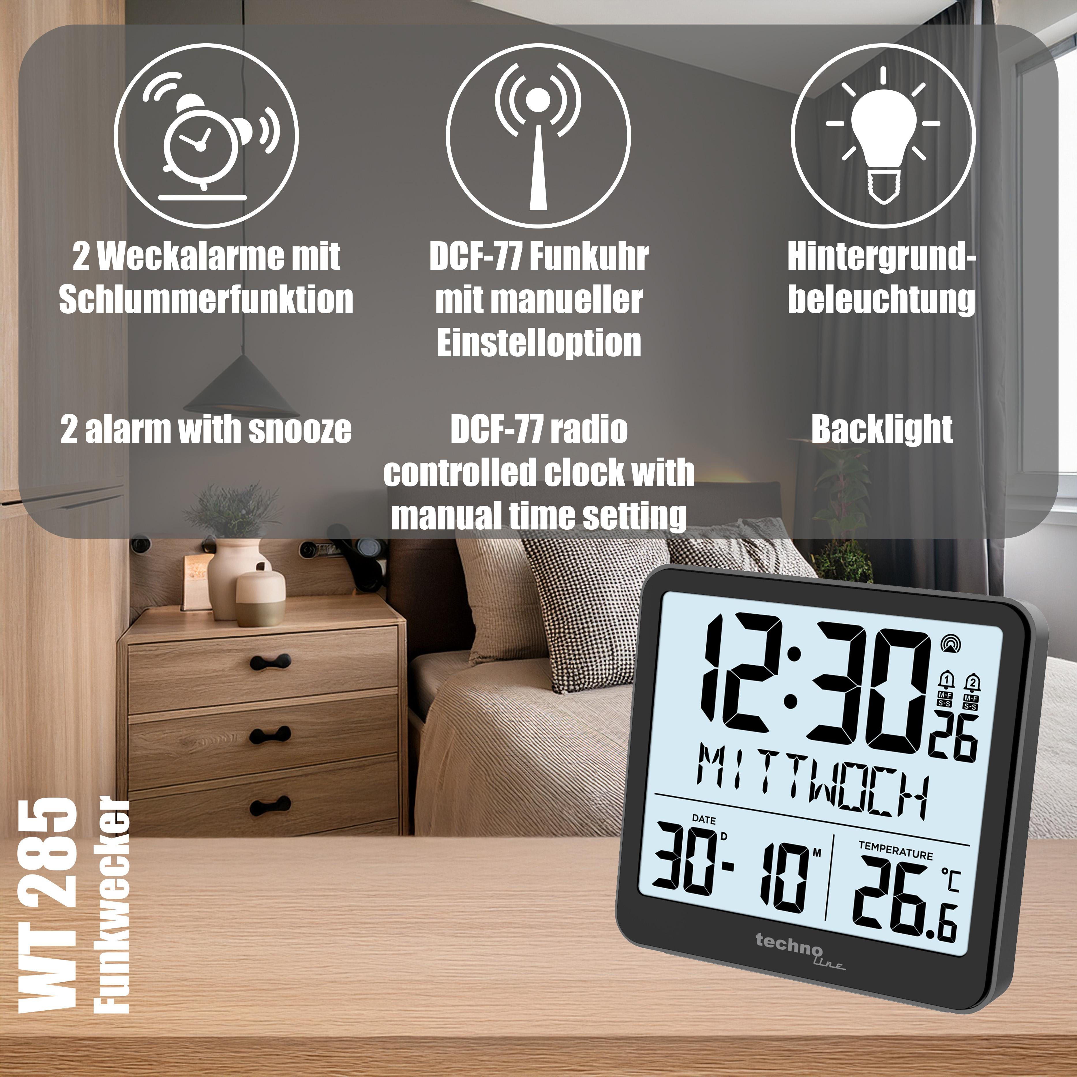 Eine schwarze Digitaluhr zeigt Zeit, Datum und Temperatur an. Text darüber beschreibt Funktionen wie Hintergrundbeleuchtung und Alarme.