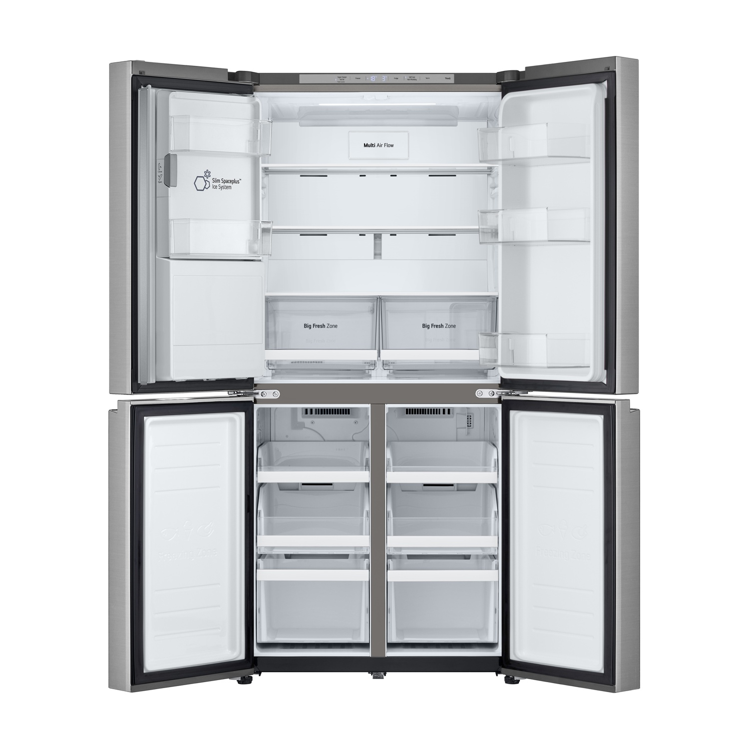 Frigorifero aperto in acciaio inossidabile. La sezione superiore ha ripiani e cassetti. La sezione inferiore ha cassetti congelatore. Etichette: Multi Air Flow, Big Fresh Zone.