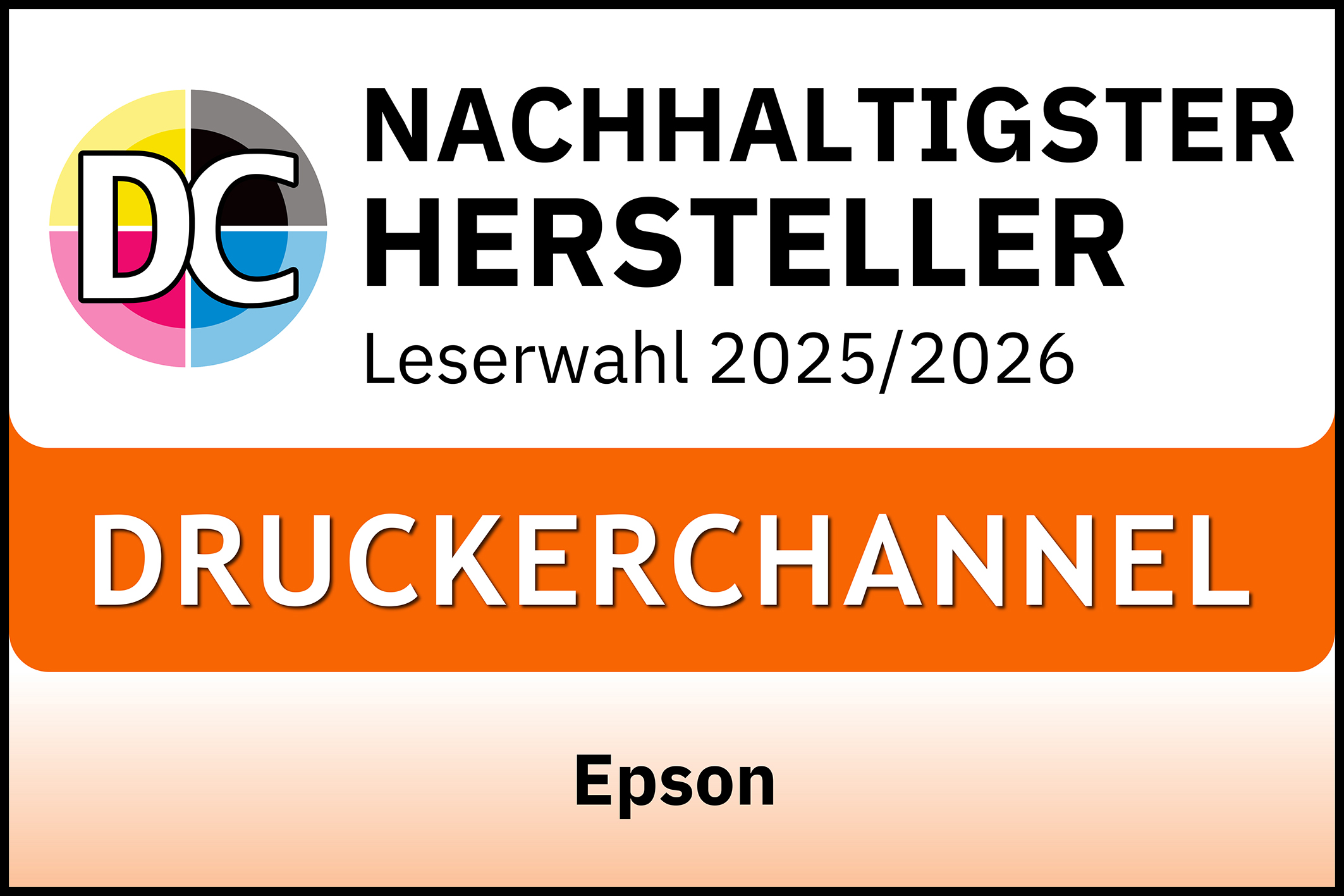 Bild mit Text: NACHHALTIGSTER HERSTELLER, DRUCKERCHANNEL, Epson. Logo mit DC und Farbkreisen.