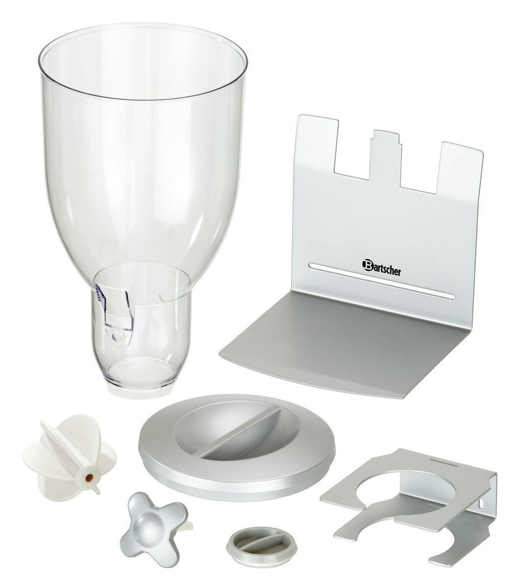 Verschiedene Teile einer Bartscher-Eismaschine. Enthält einen transparenten Behälter, einen Ständer und mehrere weiße und graue Komponenten.