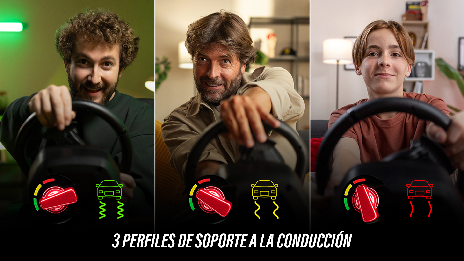 Tres personas sostienen volantes. Cada uno con un perfil de asistencia al auto diferente. Texto: 3 perfiles de apoyo a la conducción.