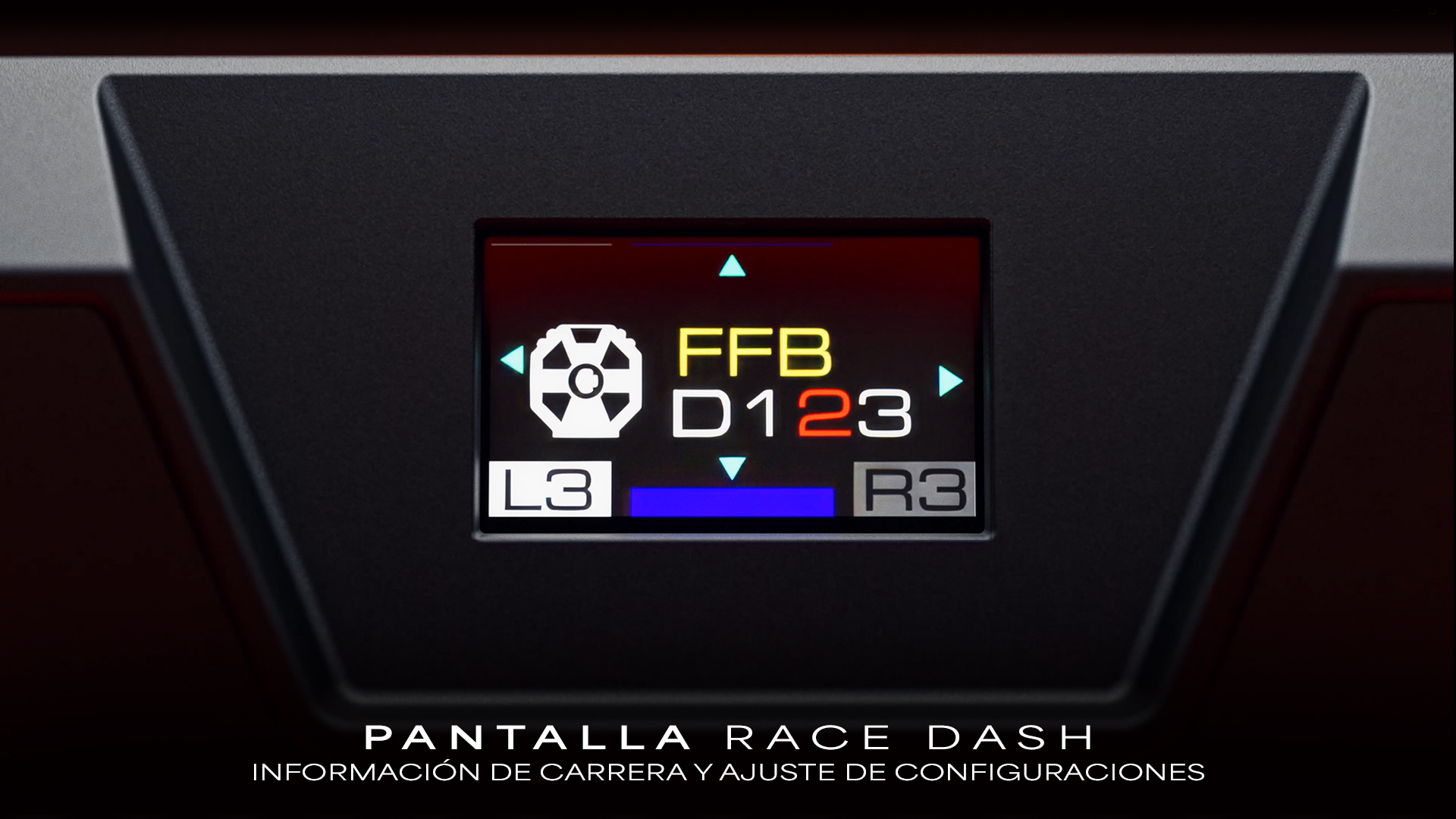 Pantalla del tablero que muestra FFB, D123, L3, R3. Parte superior con icono de rueda blanca. Texto rojo, amarillo, azul y blanco.