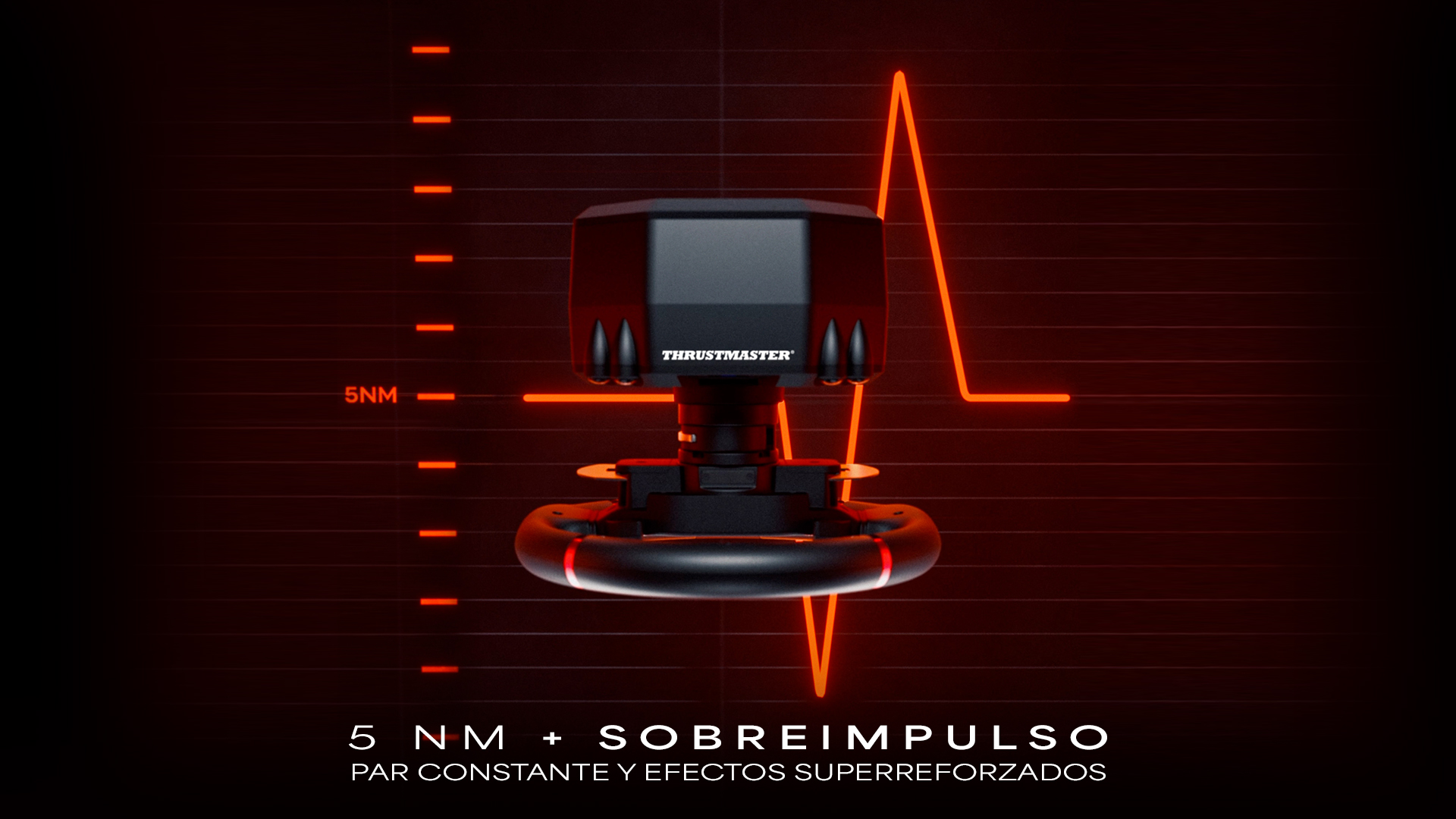 Un volante de carreras negro Thrustmaster con un gráfico naranja sobre fondo oscuro. Texto abajo: 5 NM + SOBERIMPULSO.