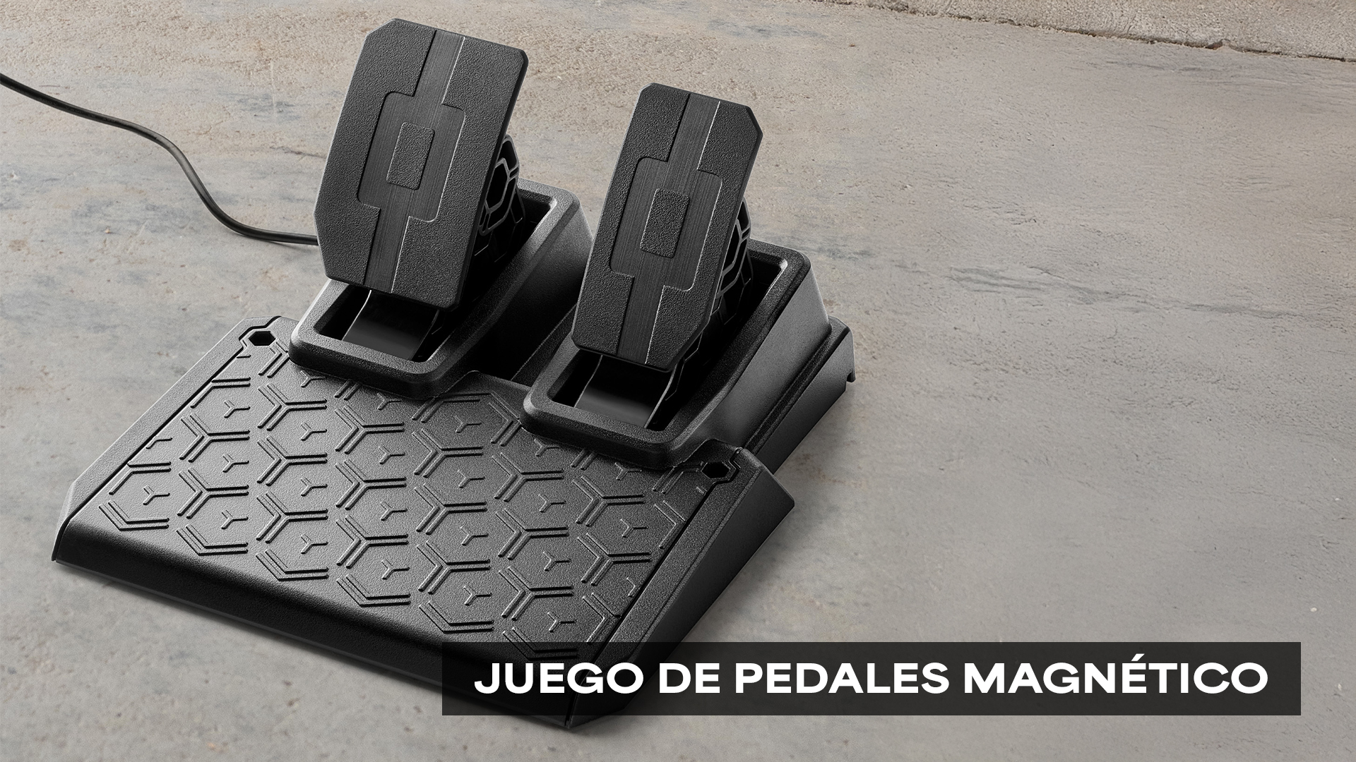 Juego de pedales magnéticos negros para juegos en superficie gris. Incluye dos pedales y base texturizada. Texto: 'JUEGO DE PEDALES MAGNÉTICO'.