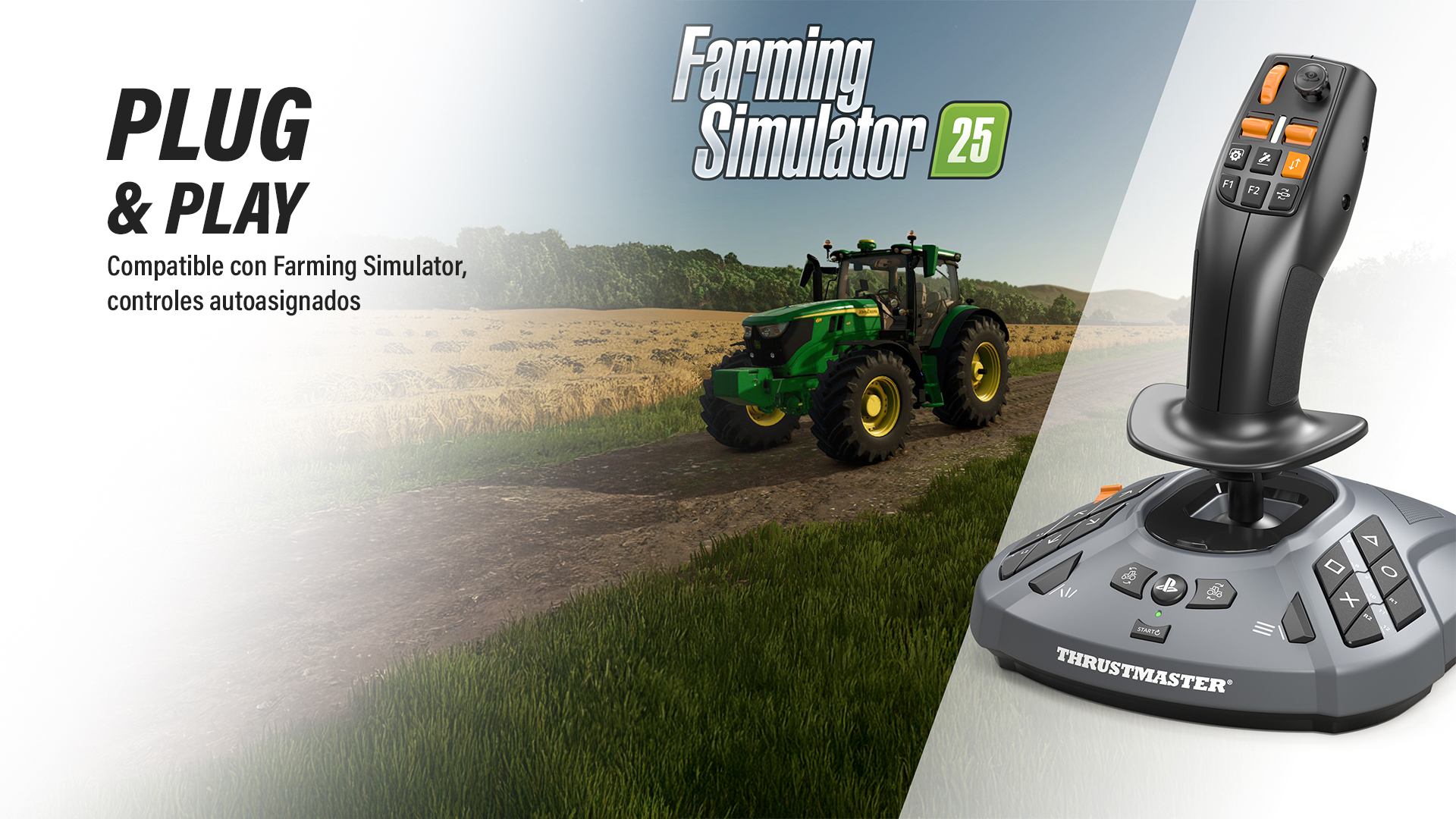 La imagen muestra un tractor verde en un campo, un joystick de juego y texto: Plug & Play, Farming Simulator 25, controles compatibles.